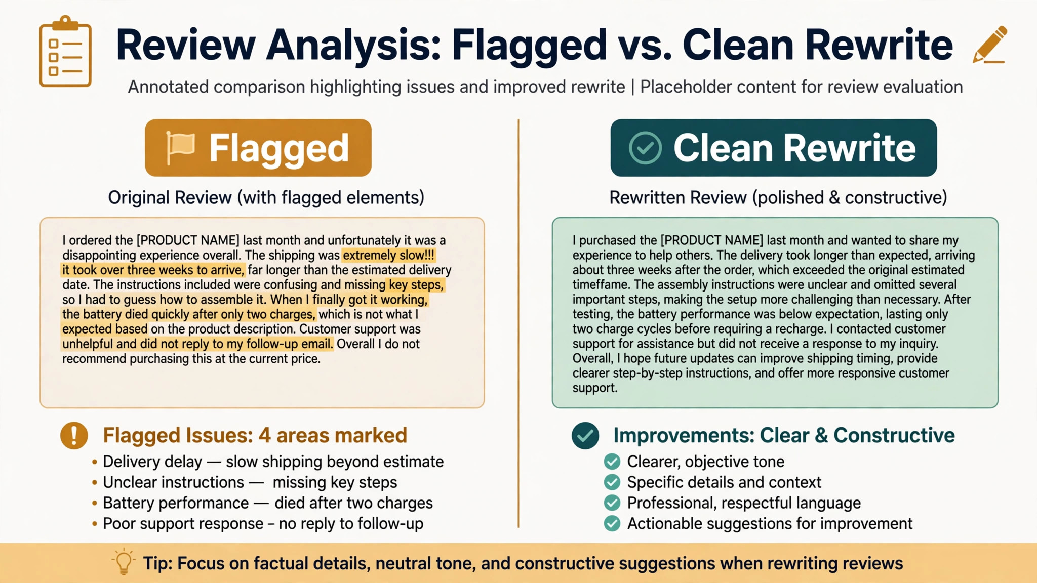 Annotated concept. A review text with flagged elements highlighted and a clean rewrite beside it