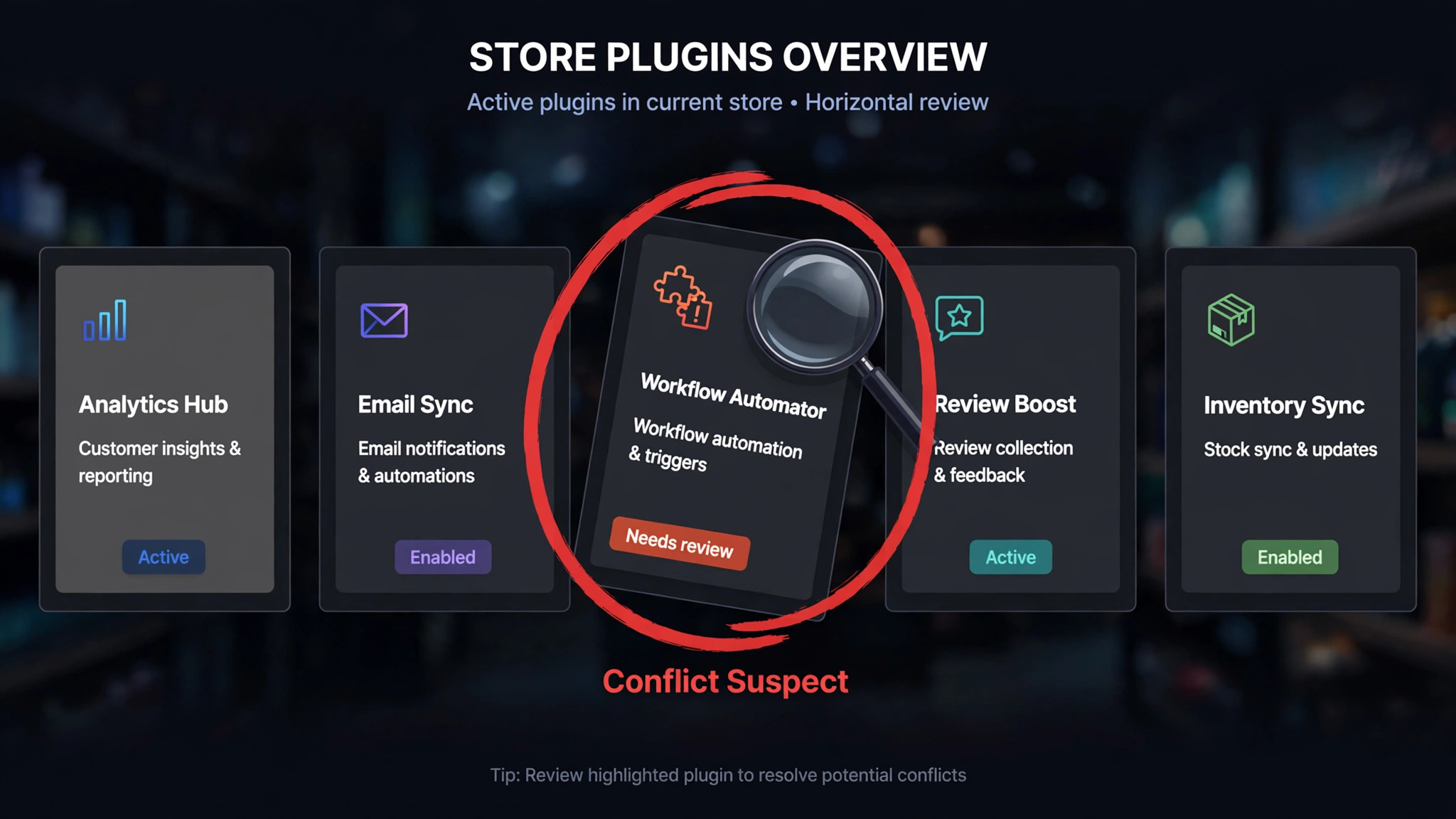 Screenshot concept. A plugin list with one plugin highlighted as the conflict suspect