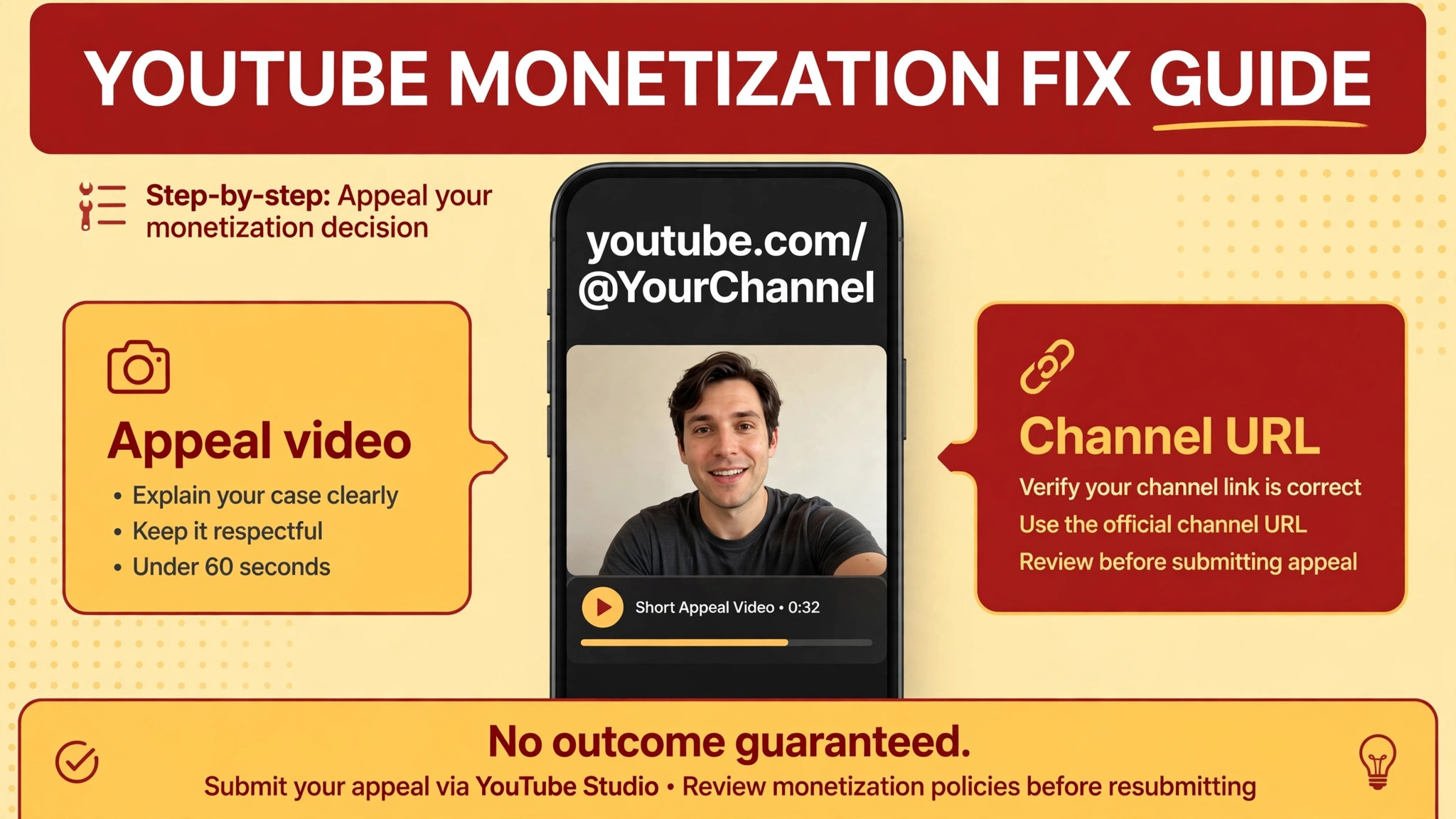 Mockup concept. A phone mockup showing a short appeal video with the channel URL on screen in the opening seconds