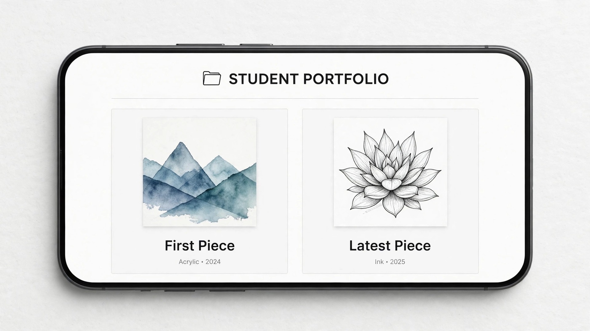 Mockup concept. A phone mockup showing a portfolio page with first and latest pieces side by side