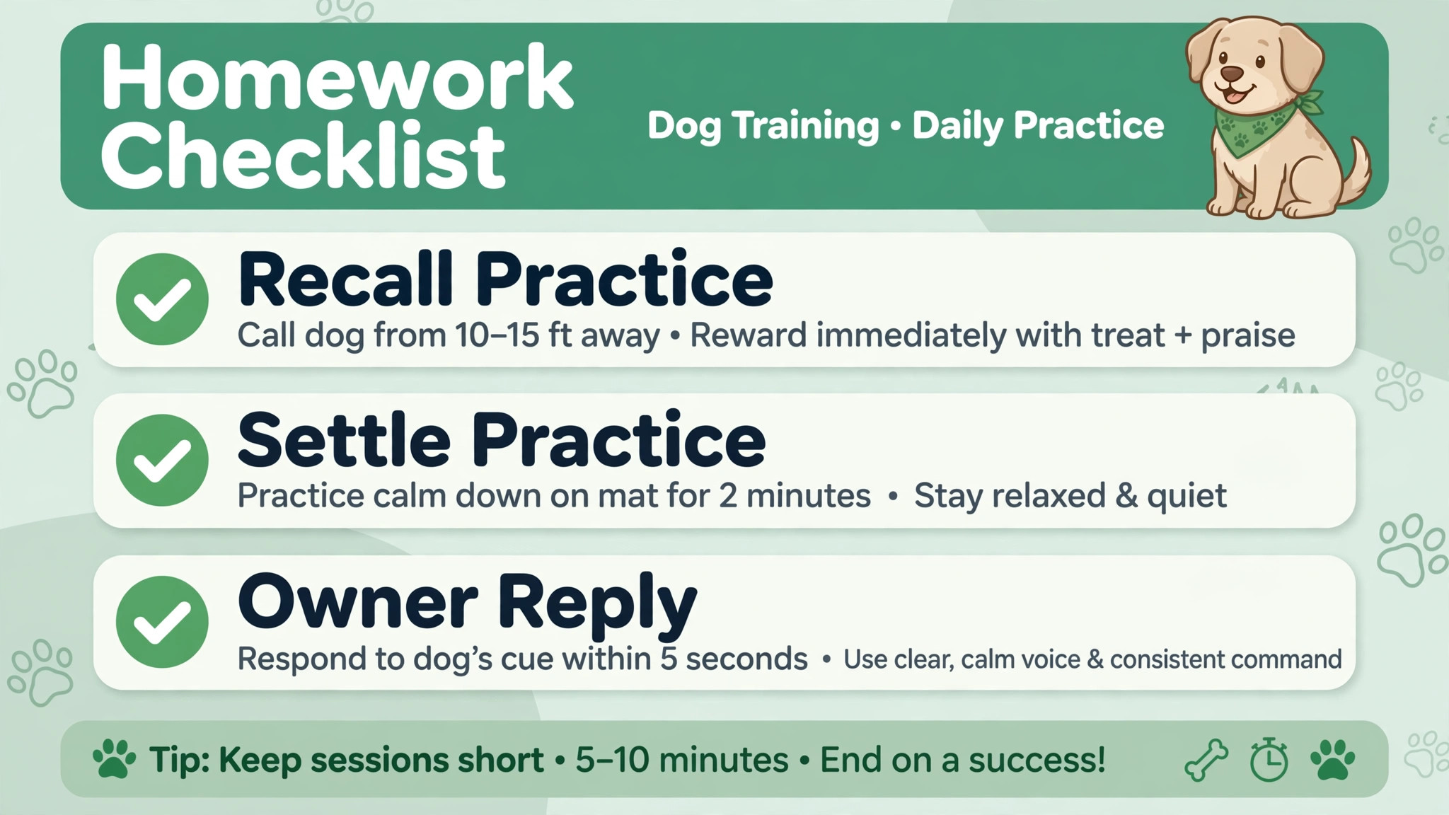 Checklist concept. A homework checklist page ticking recall practice, settle practice, and owner reply