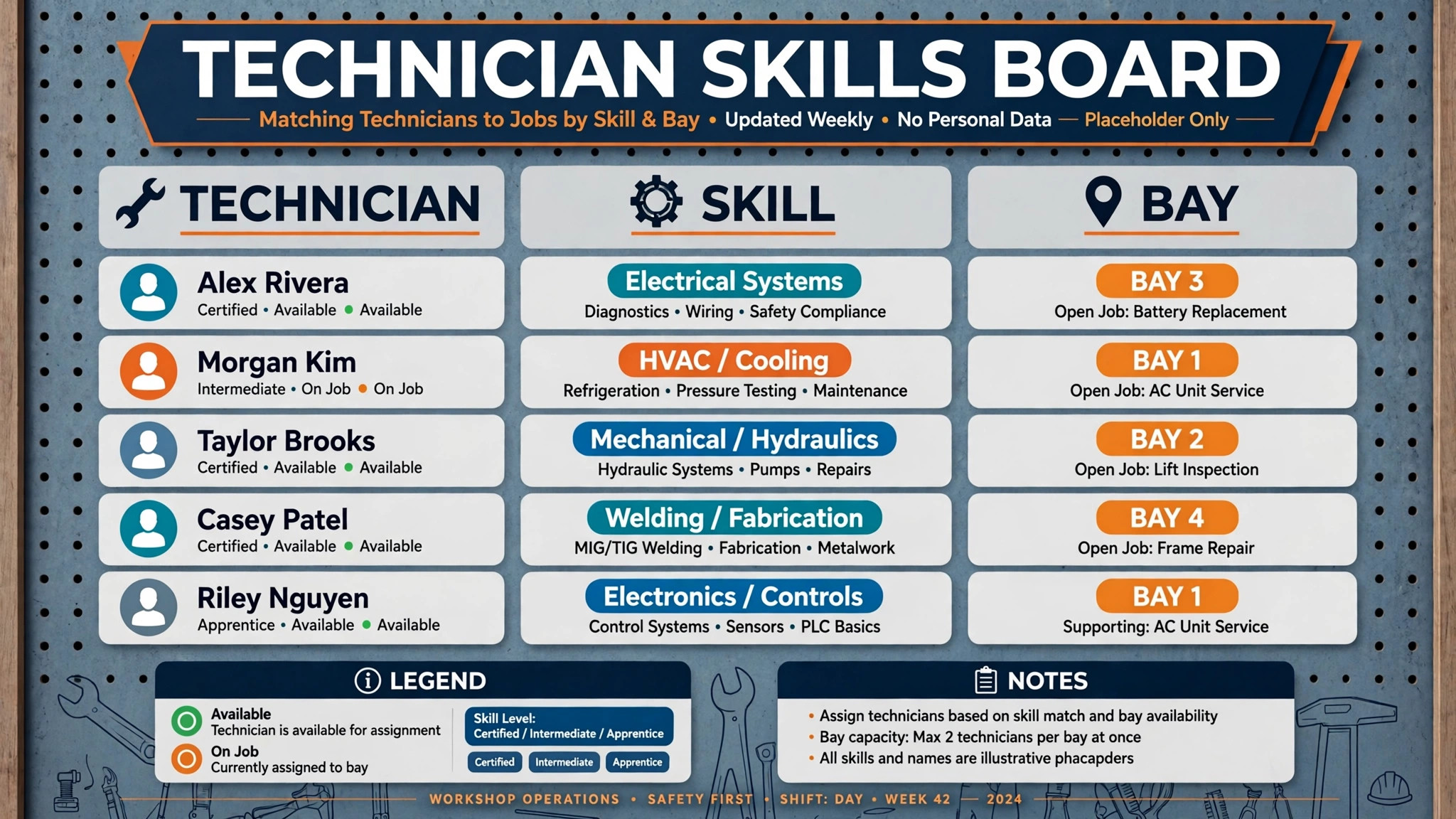 Callout concept. A technician skills board matching technicians to jobs by skill and bay
