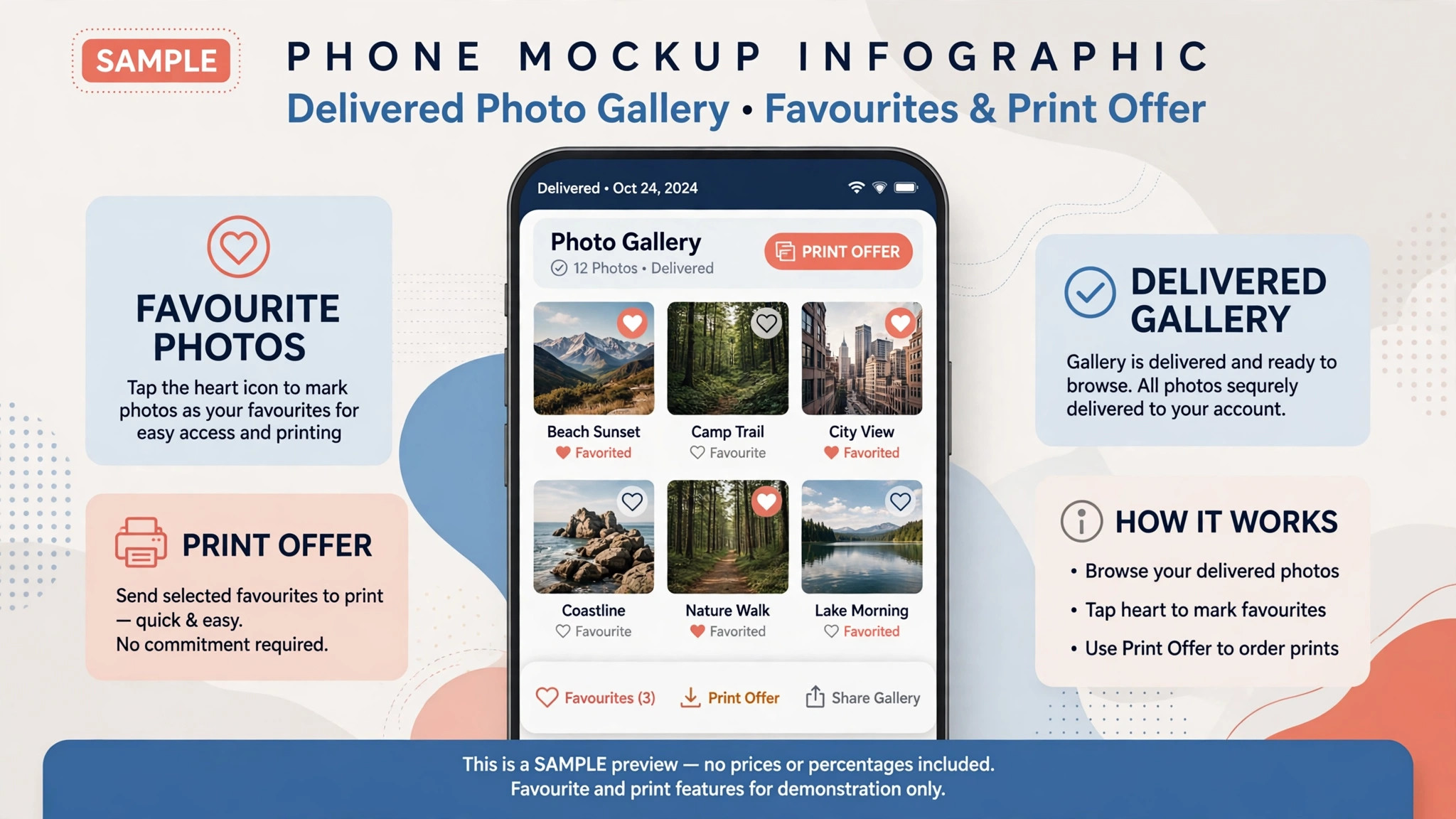 Mockup concept. A phone mockup showing a delivered gallery with favourites and a print offer