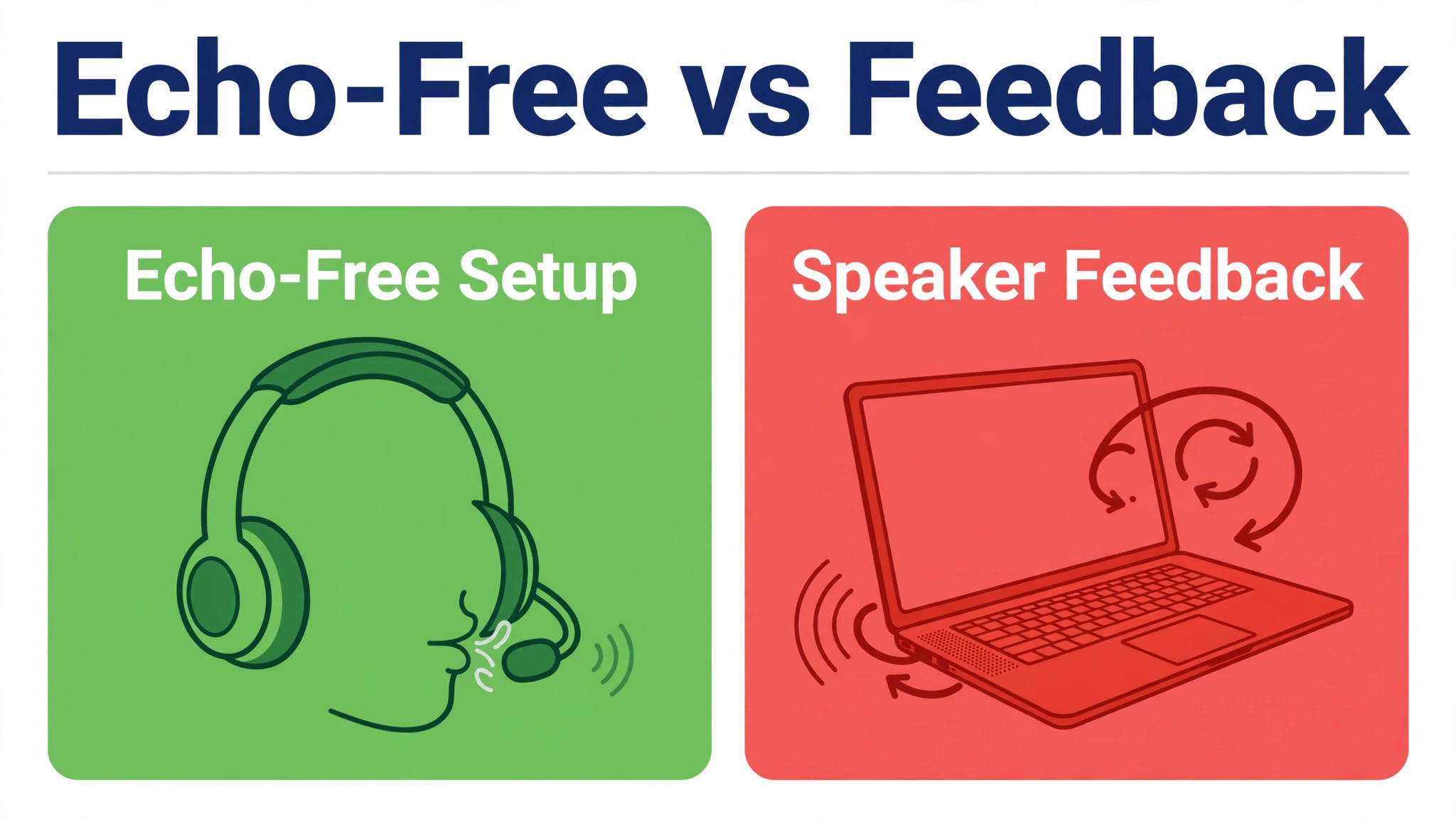 Comparison concept. An echo free headset setup beside a speaker feedback setup