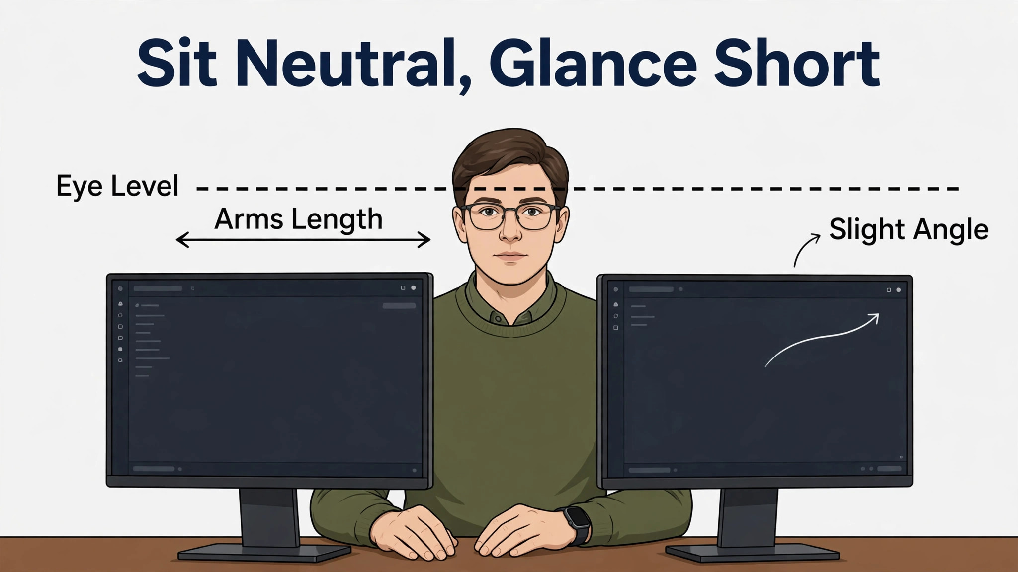 Editor at two monitors with eye level, arms length and slight angle marked
