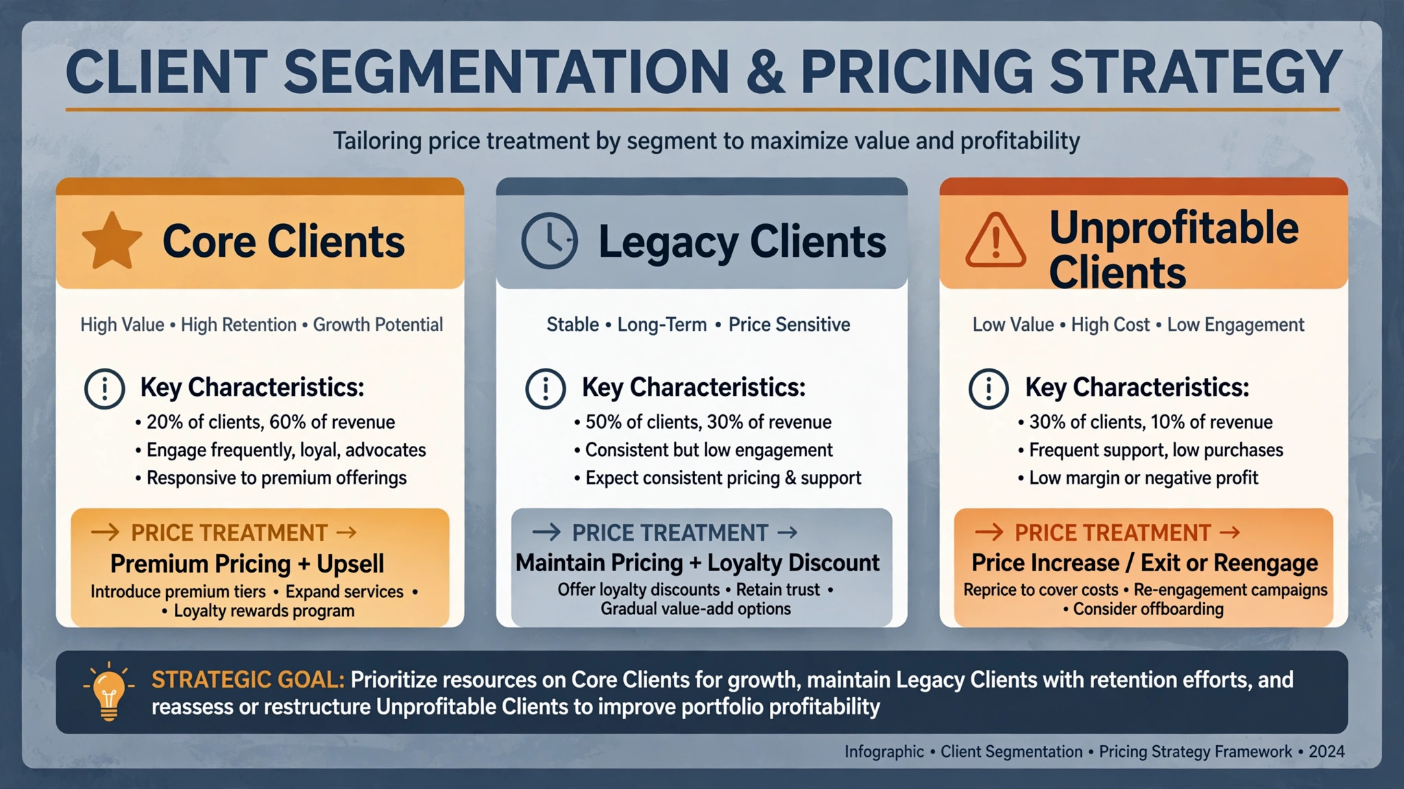 Diagram concept. A client segmentation diagram sorting core, legacy, and unprofitable clients