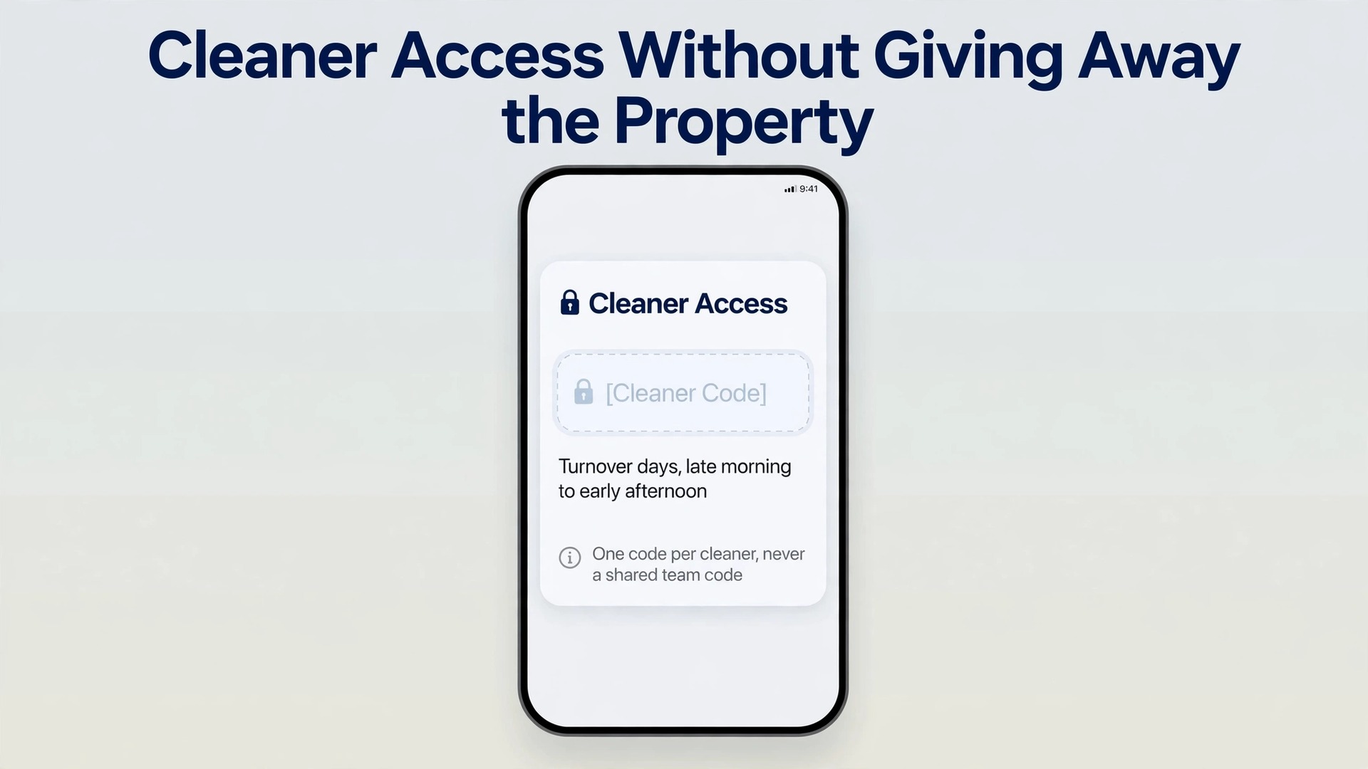 Phone mockup showing a time limited cleaner code for a rental property