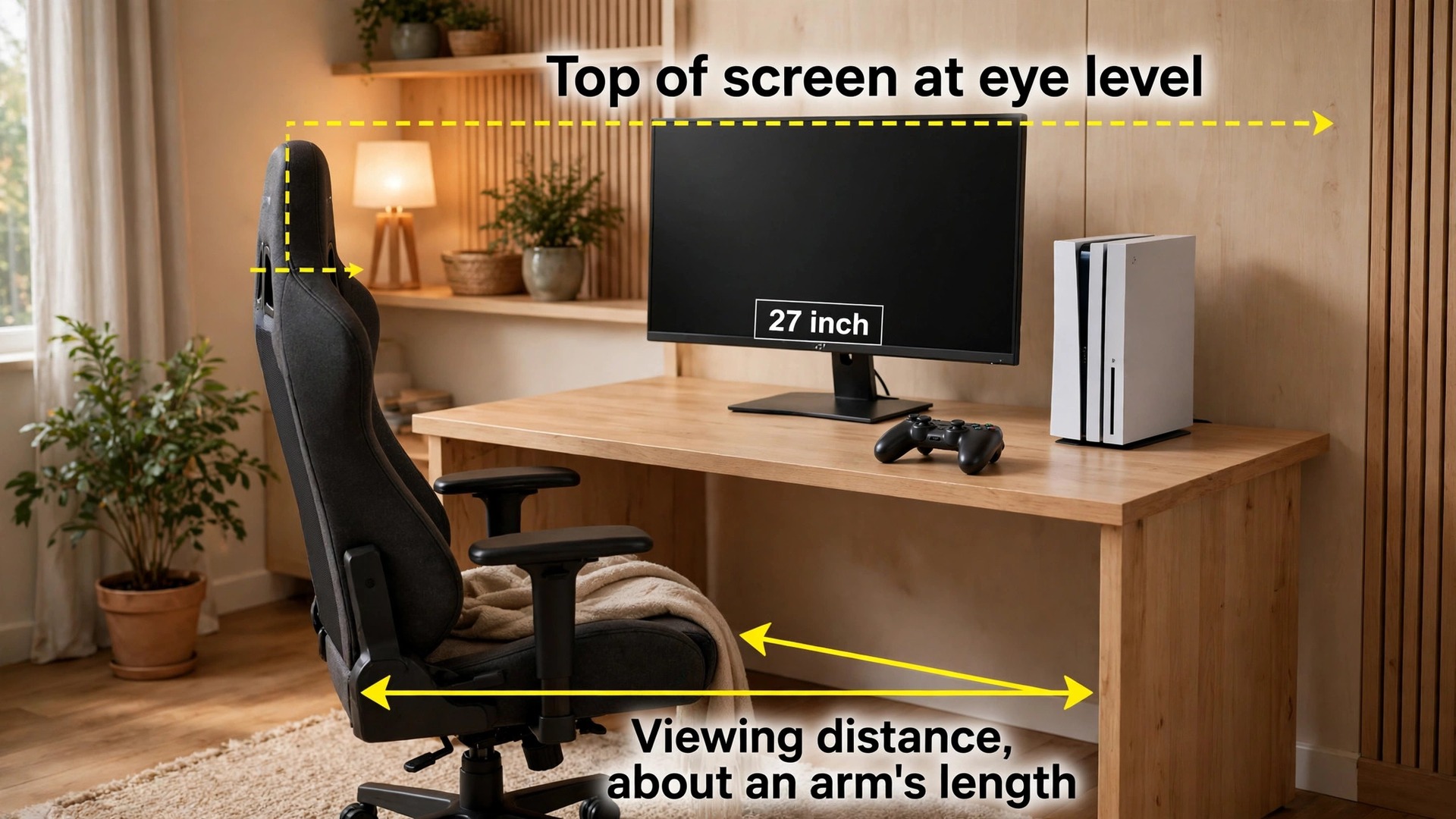 Mockup of a desk gaming setup with monitor height and viewing distance marked