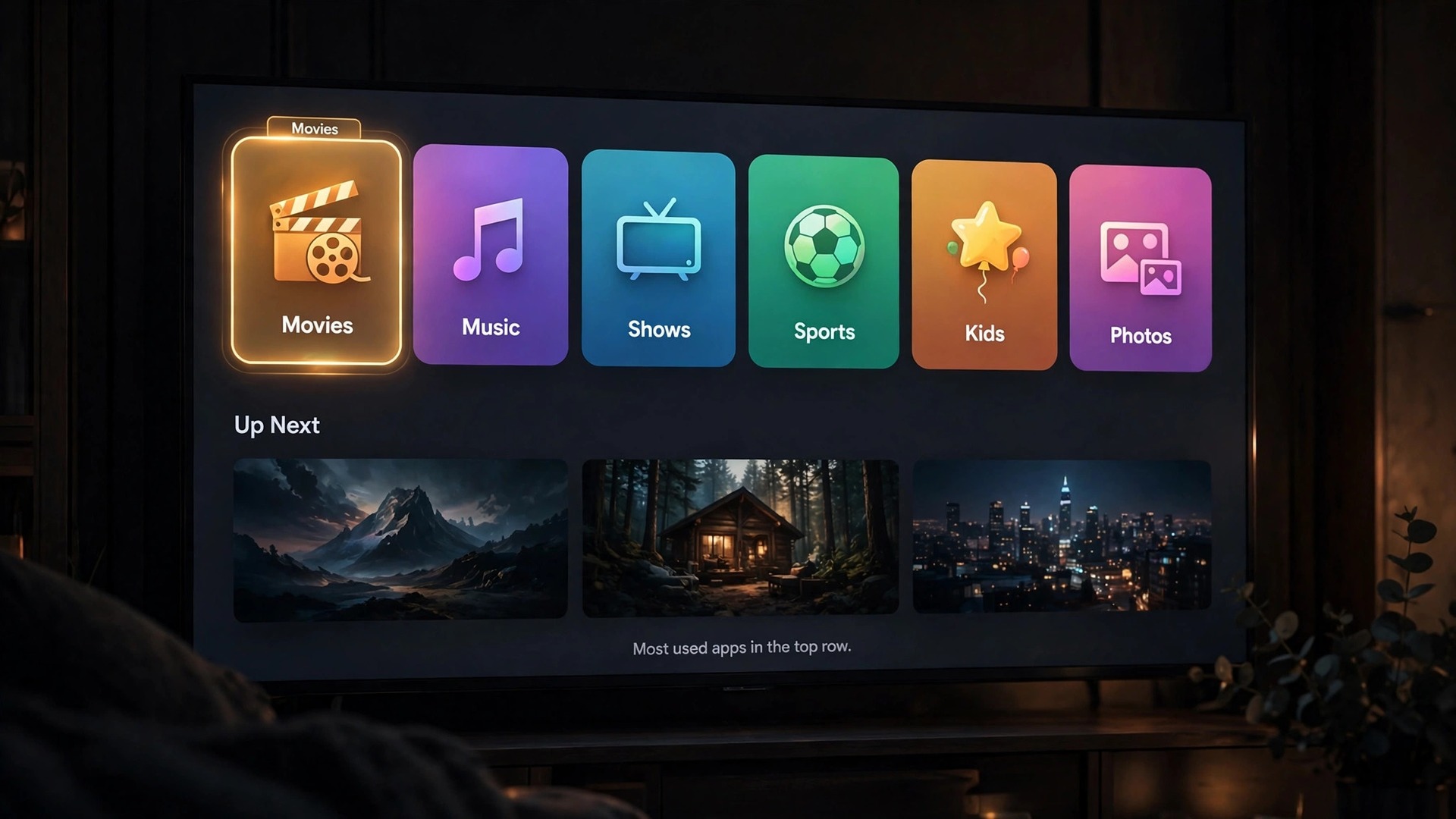 Mockup of an arranged Apple TV home screen on a living room TV