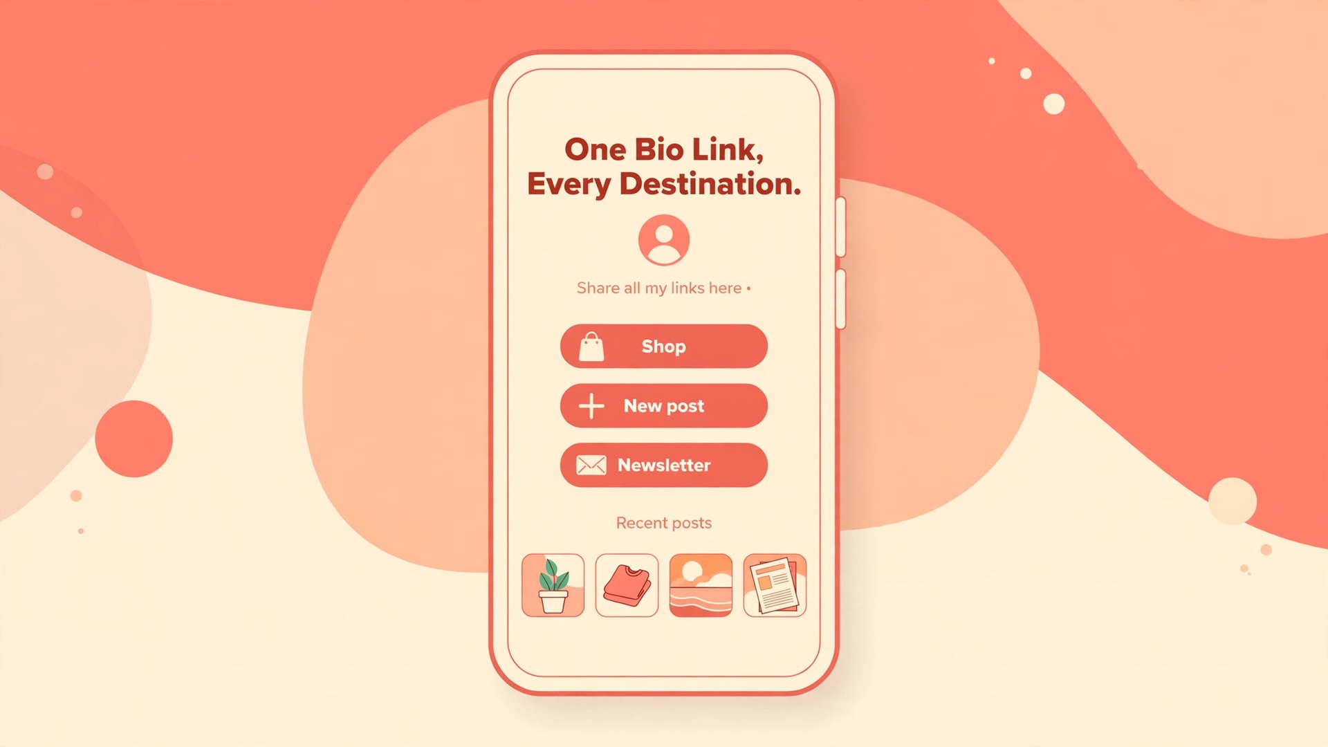 Phone mockup showing a Later Link in Bio page with buttons and linked posts