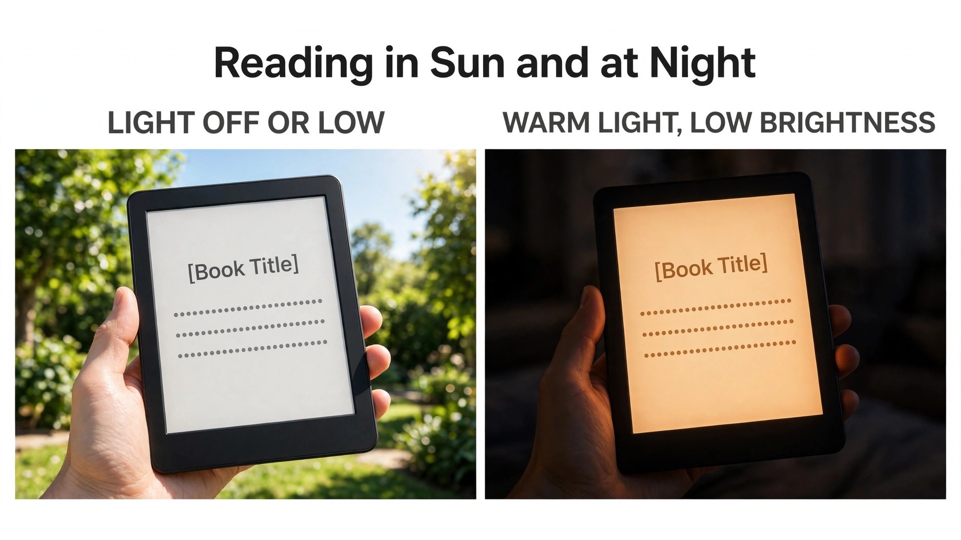 Mockup of an e-reader screen in bright sun and in a dark room