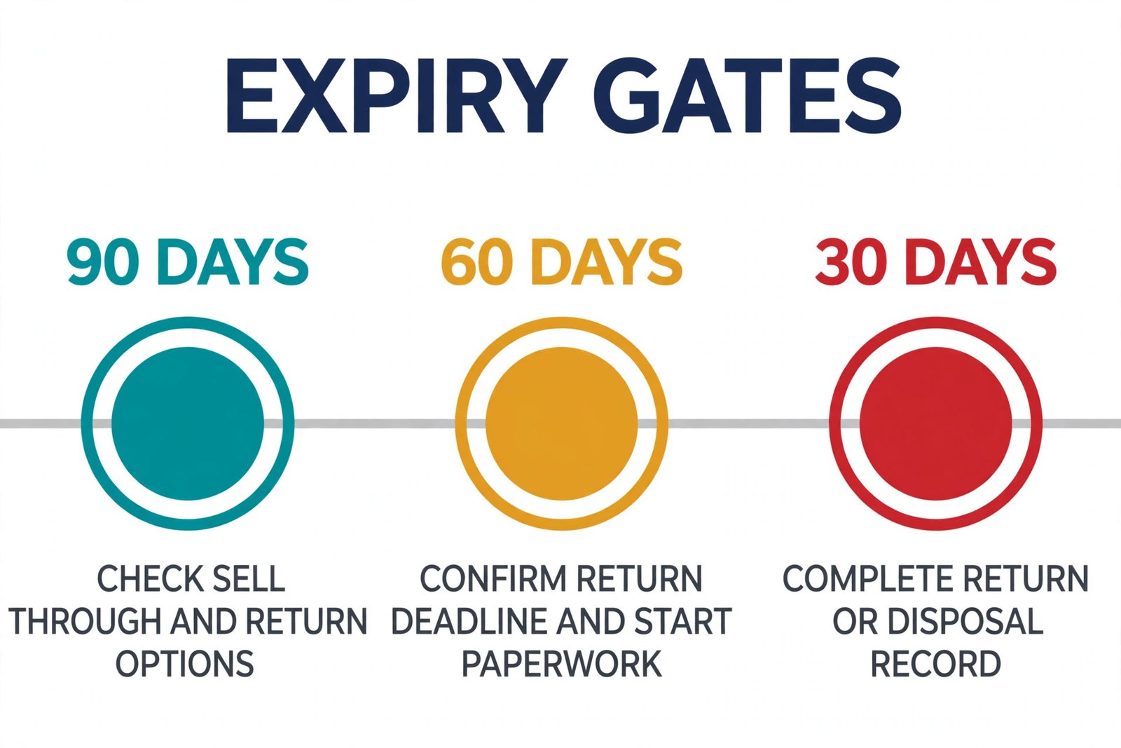Pharmacy expiry timeline with 90 60 and 30 day gates