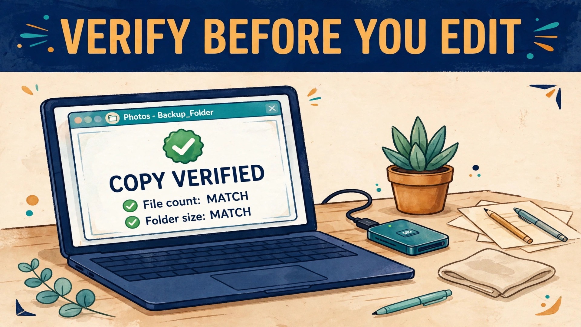 Mockup of verified photo copy with matching file counts on home drive