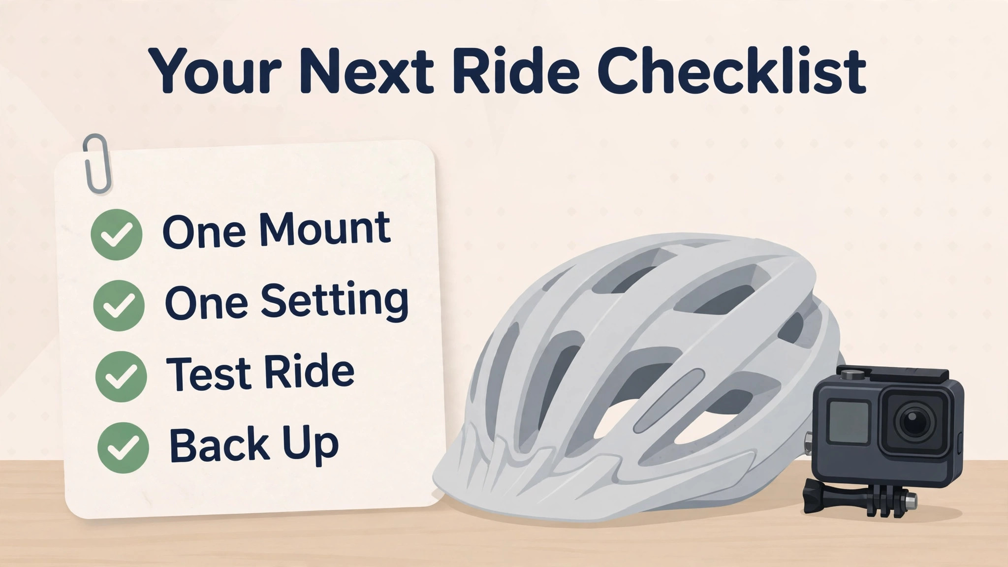 Next ride checklist with one mount, one setting, test ride and backup