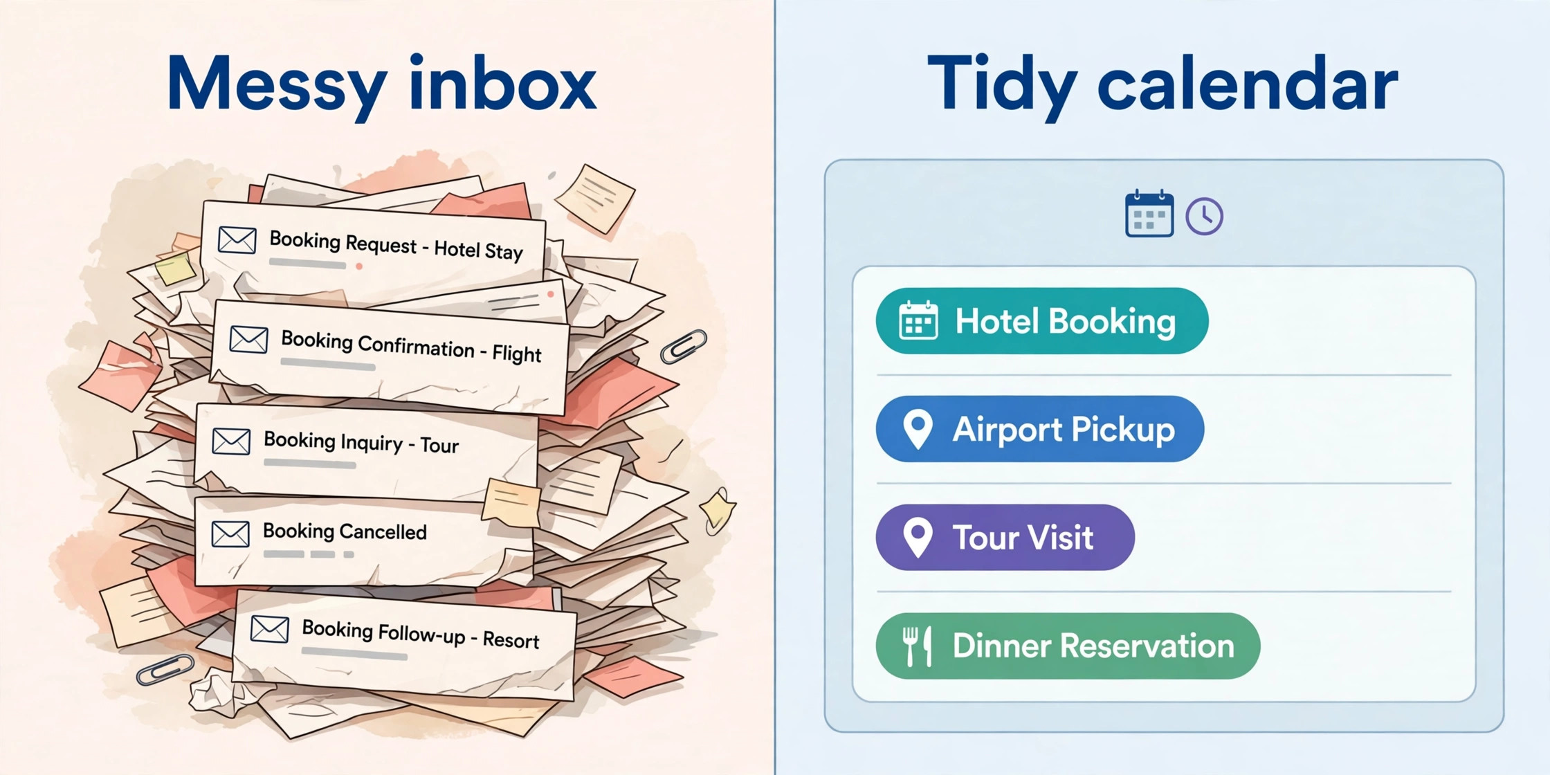 before/after view of a messy inbox booking system versus a tidy online calendar