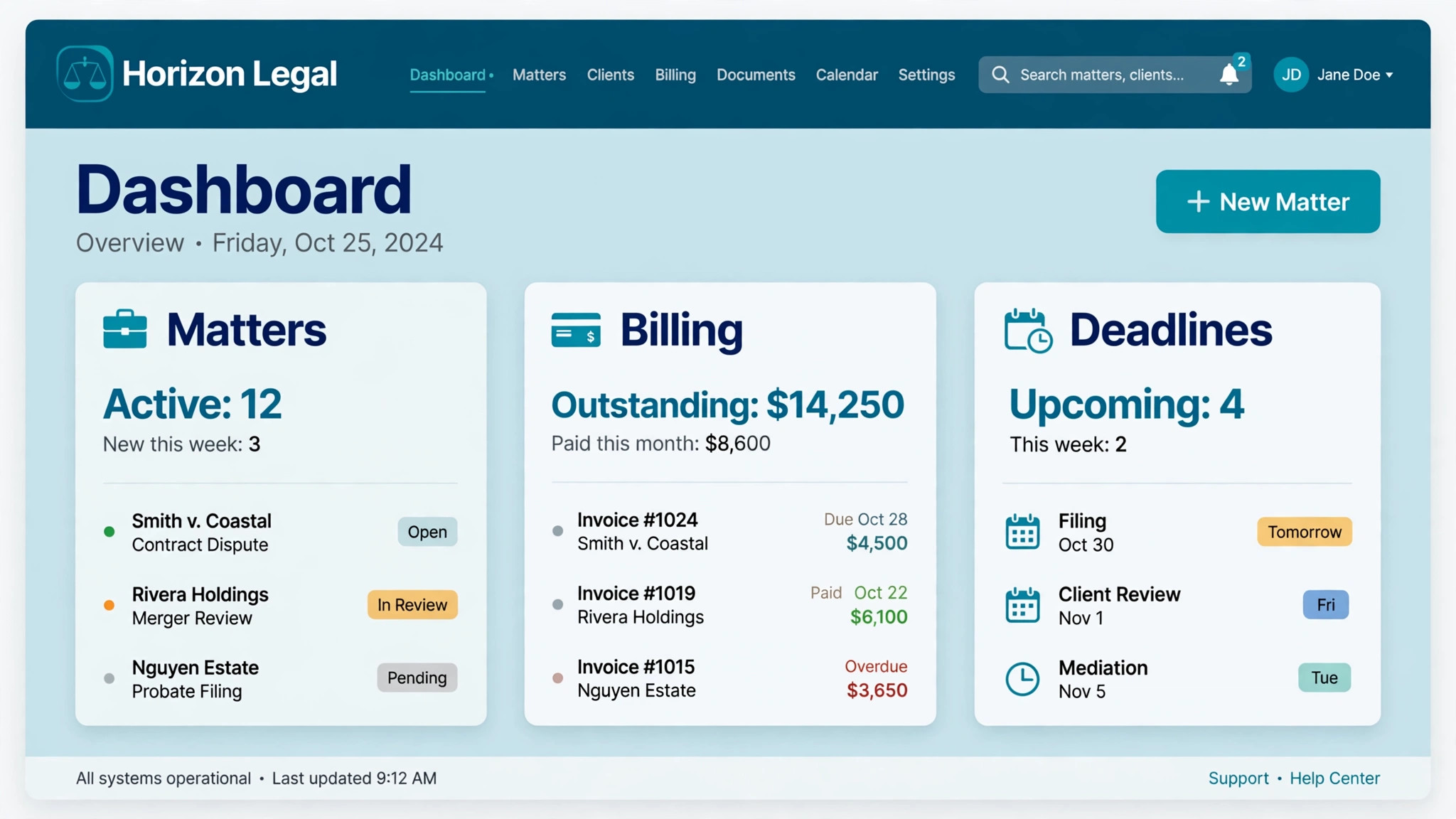 mockup of a firm dashboard with matter, billing, and deadline panels