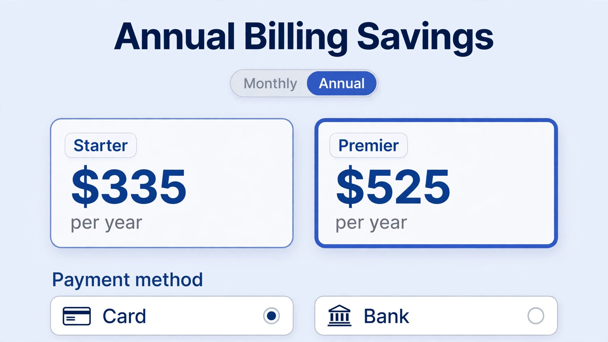 Mockup of a Dubsado style dashboard showing annual billing savings and payment method options