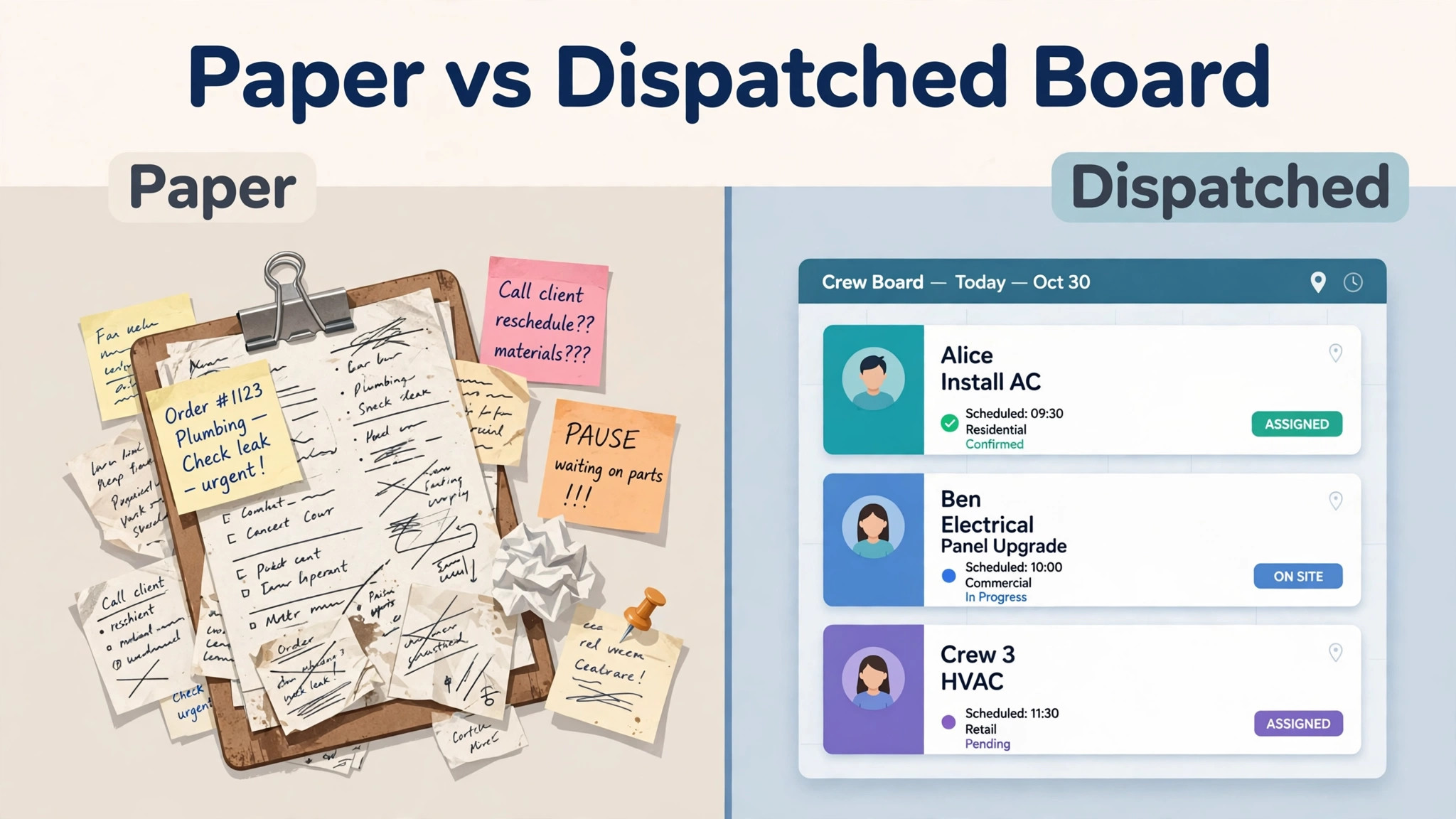 Before and after visual contrasting paper job tracking with a dispatched crew board