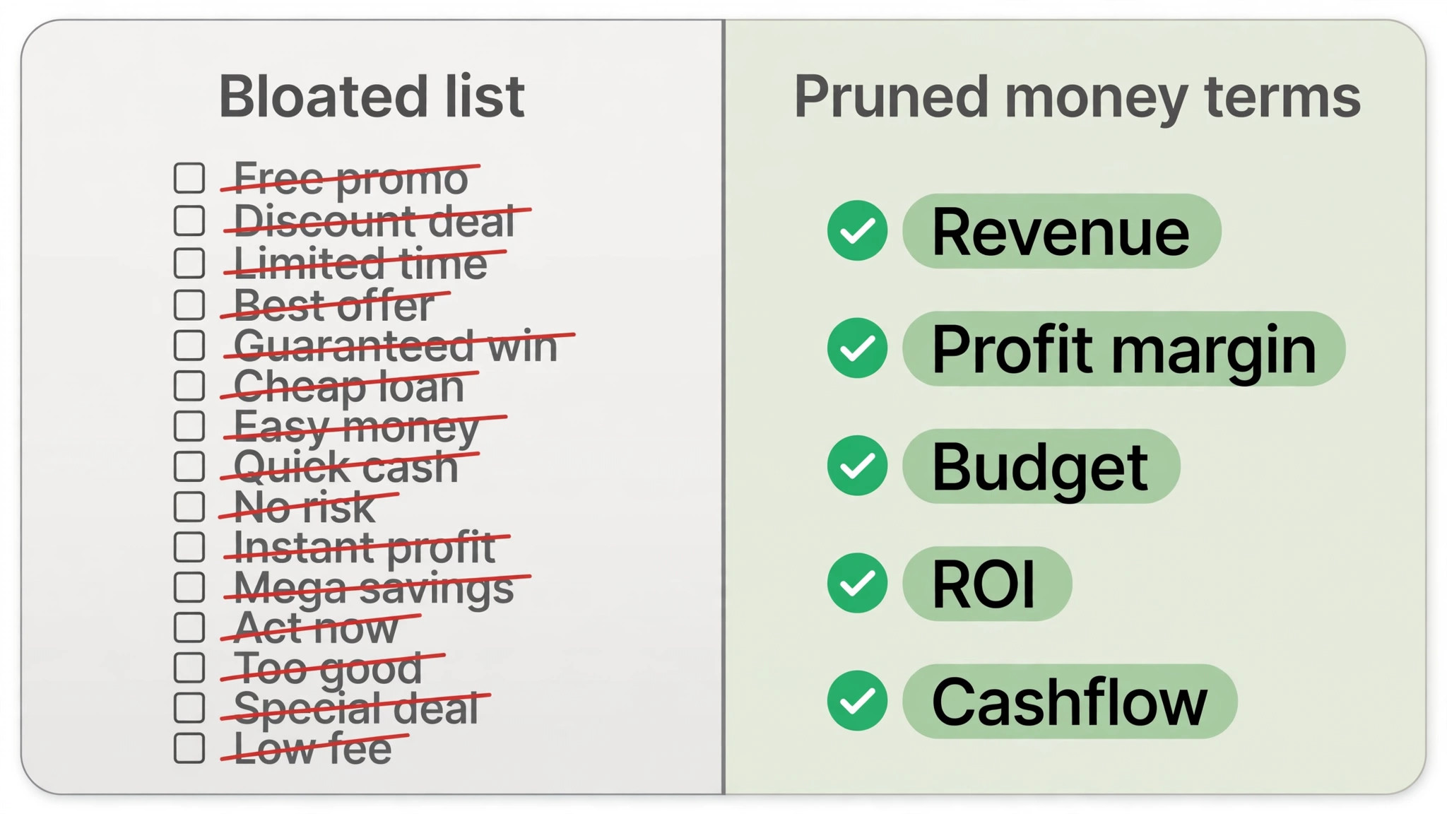 before/after view of a bloated keyword list versus a pruned money term list