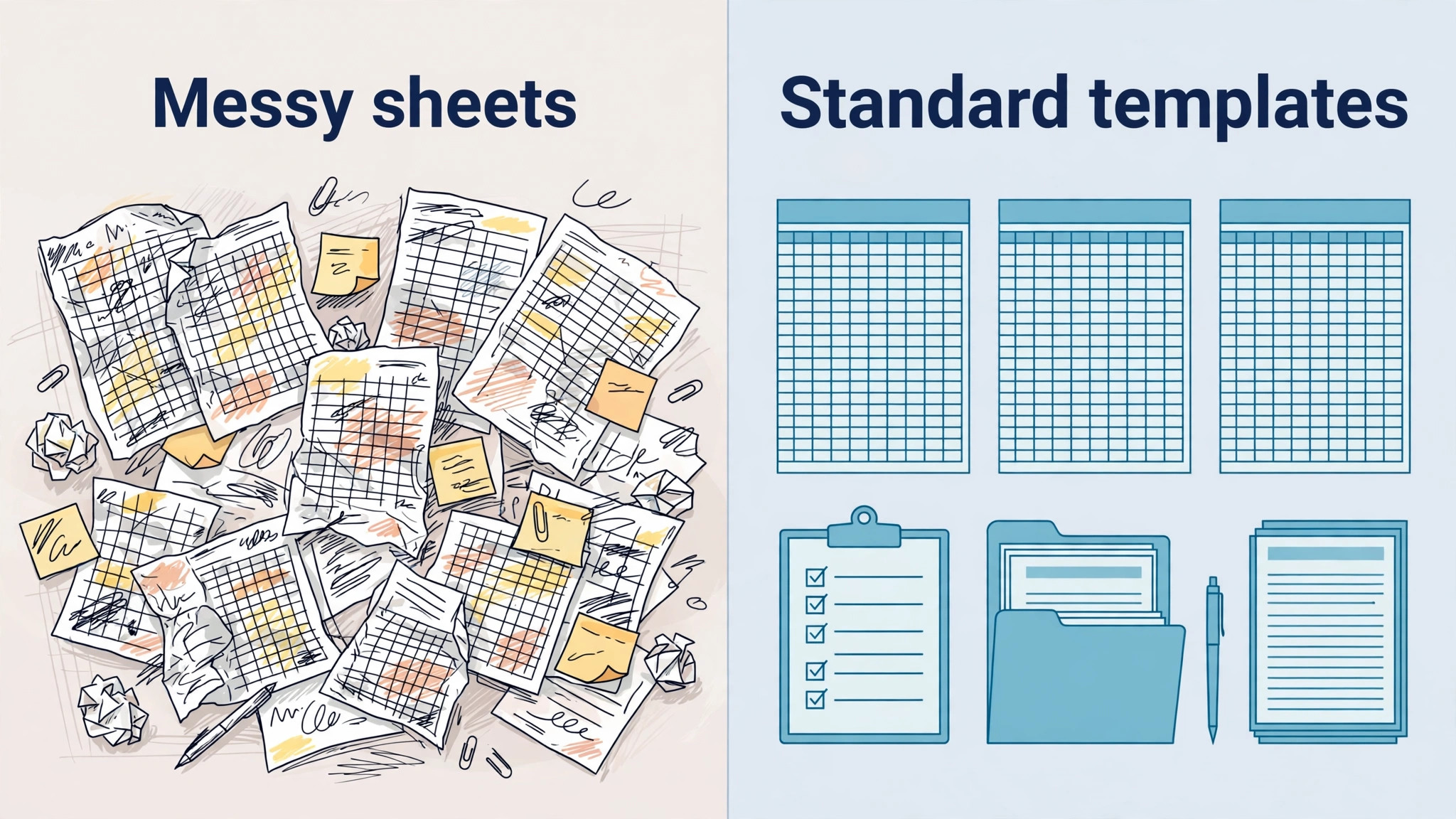 before/after view of messy inconsistent sheets versus standard templates