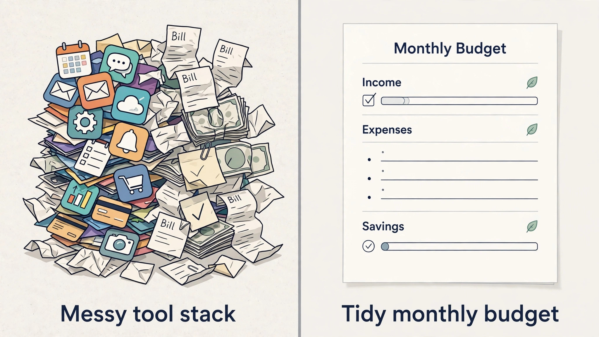 before/after view of a messy tool stack versus a tidy monthly budget