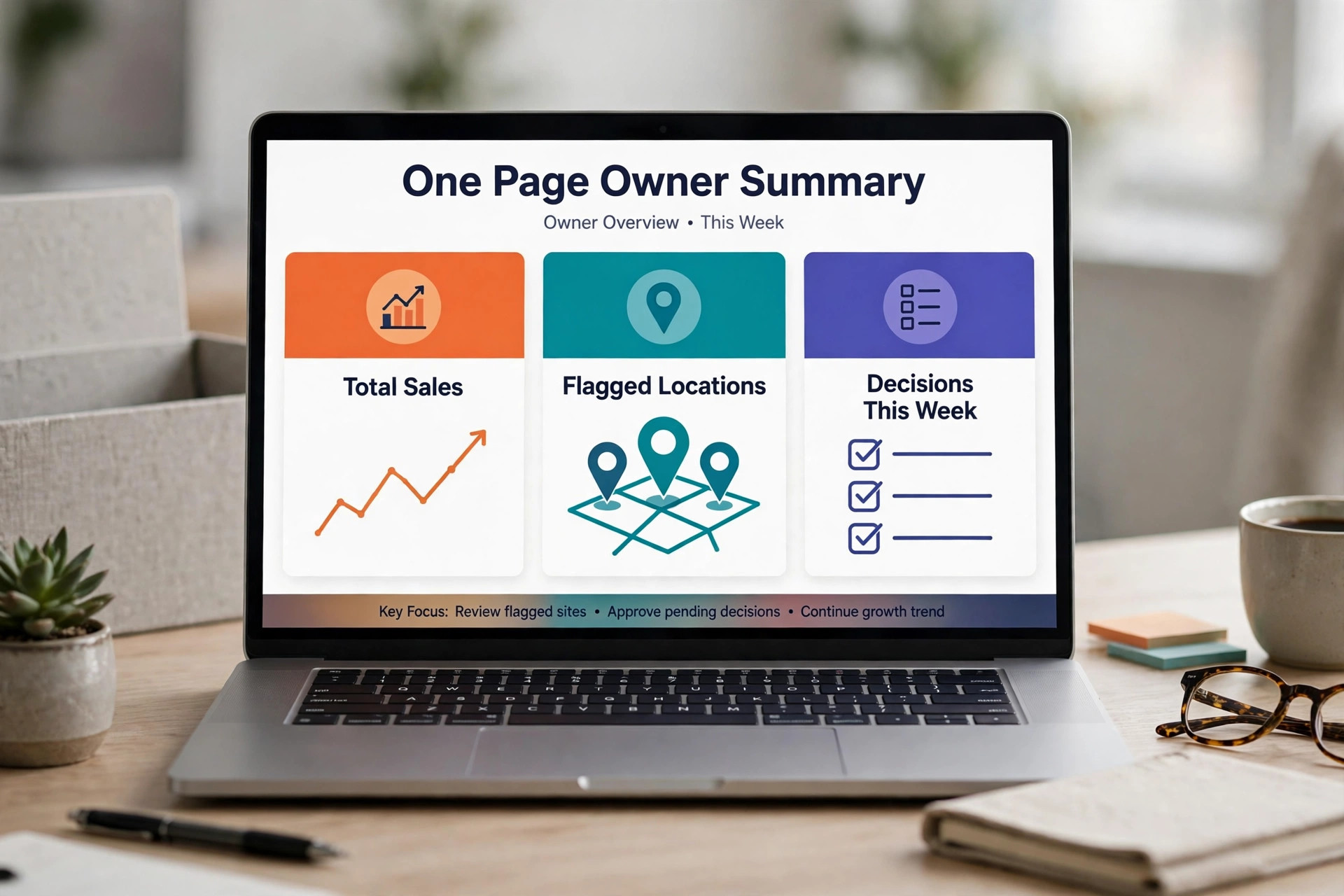 Mockup of a one page owner summary on a laptop screen