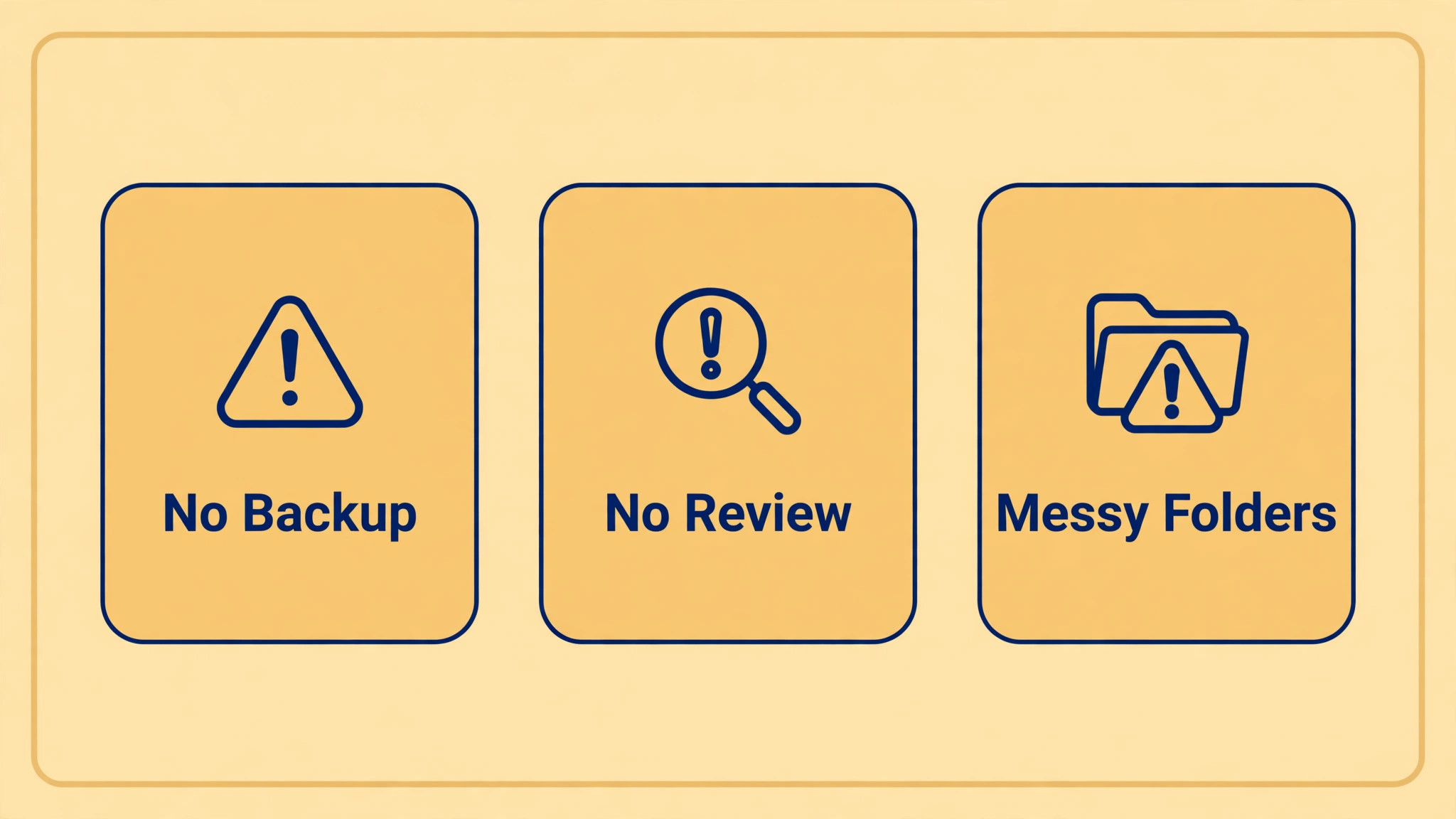 Warning cards for no backup, no review and messy folders
