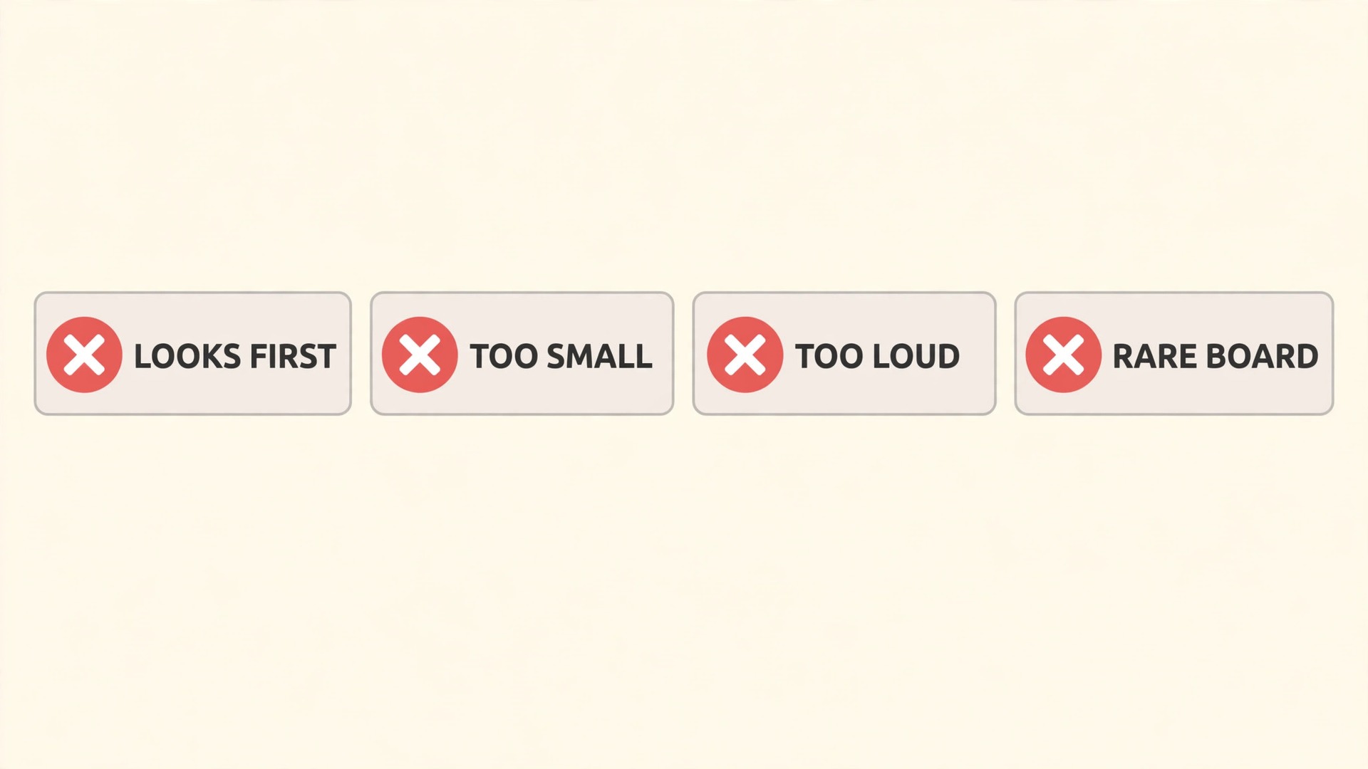 Four crossed-out keyboard buying mistakes, looks first, too small, too loud and rare board