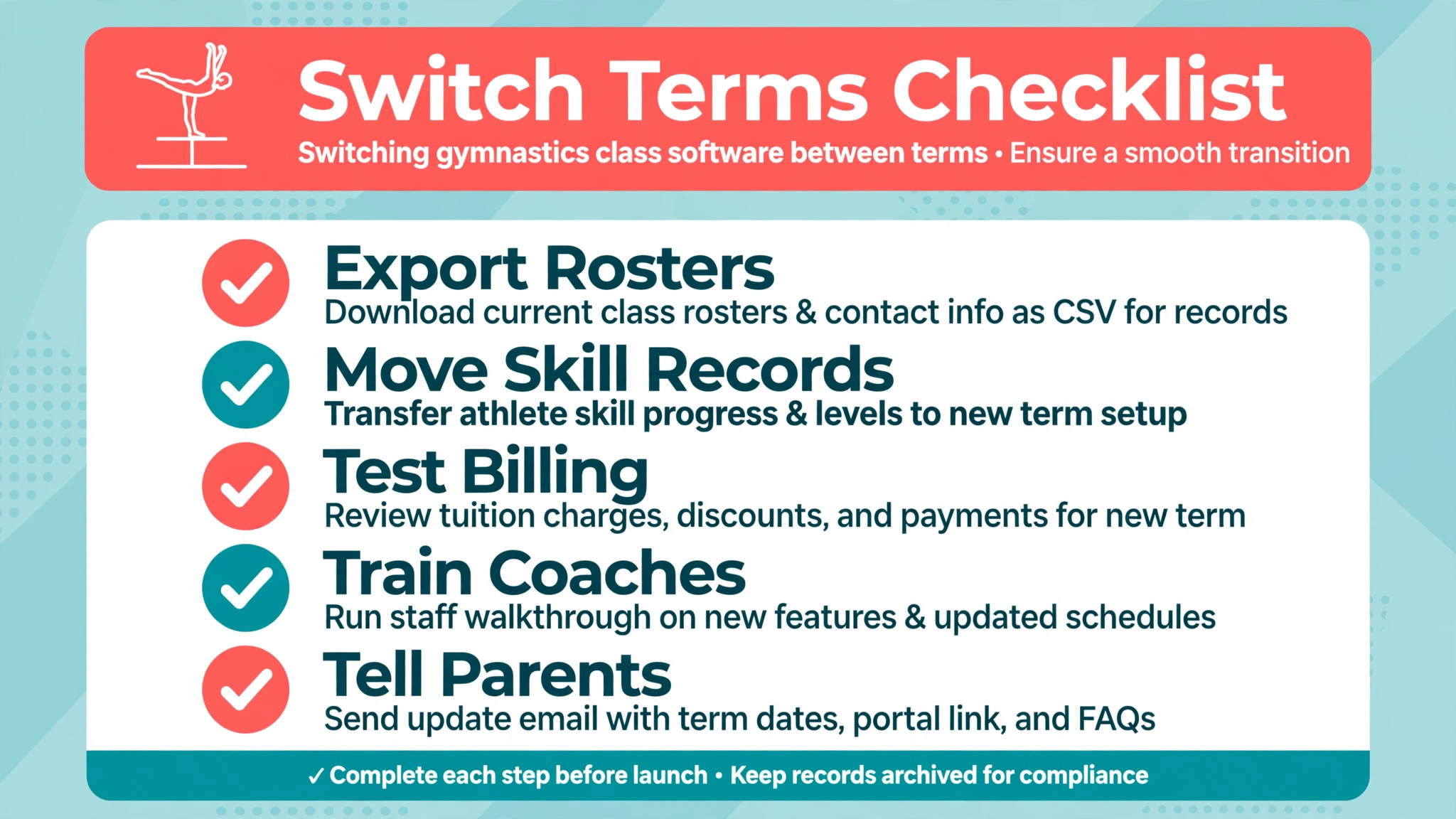 Checklist for switching gymnastics class software between terms