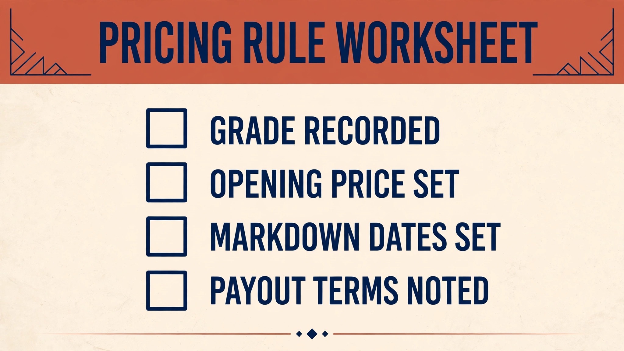 Checklist graphic for the consignment pricing rule worksheet.
