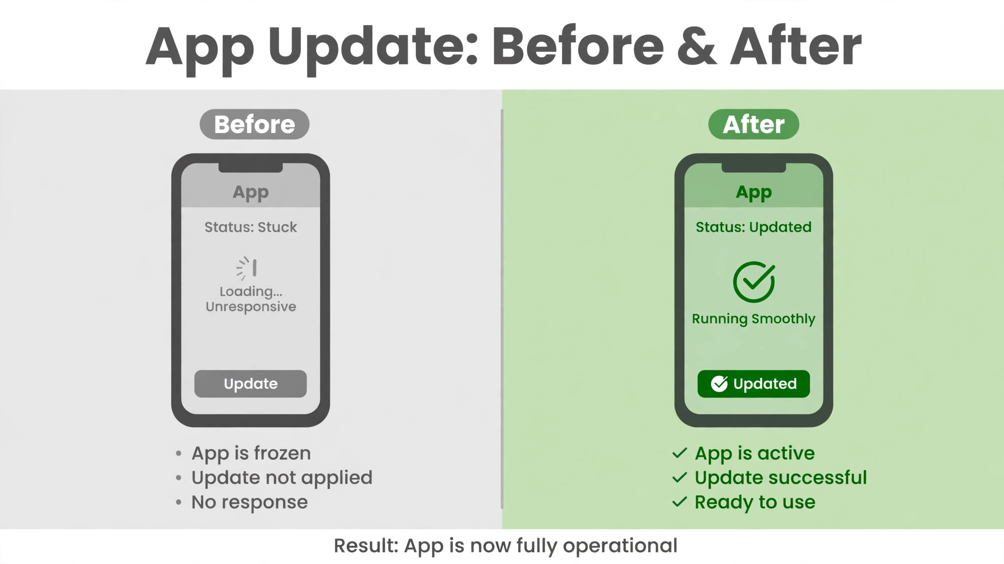 Before-and-after comparison of a stuck app update becoming a successfully updated app