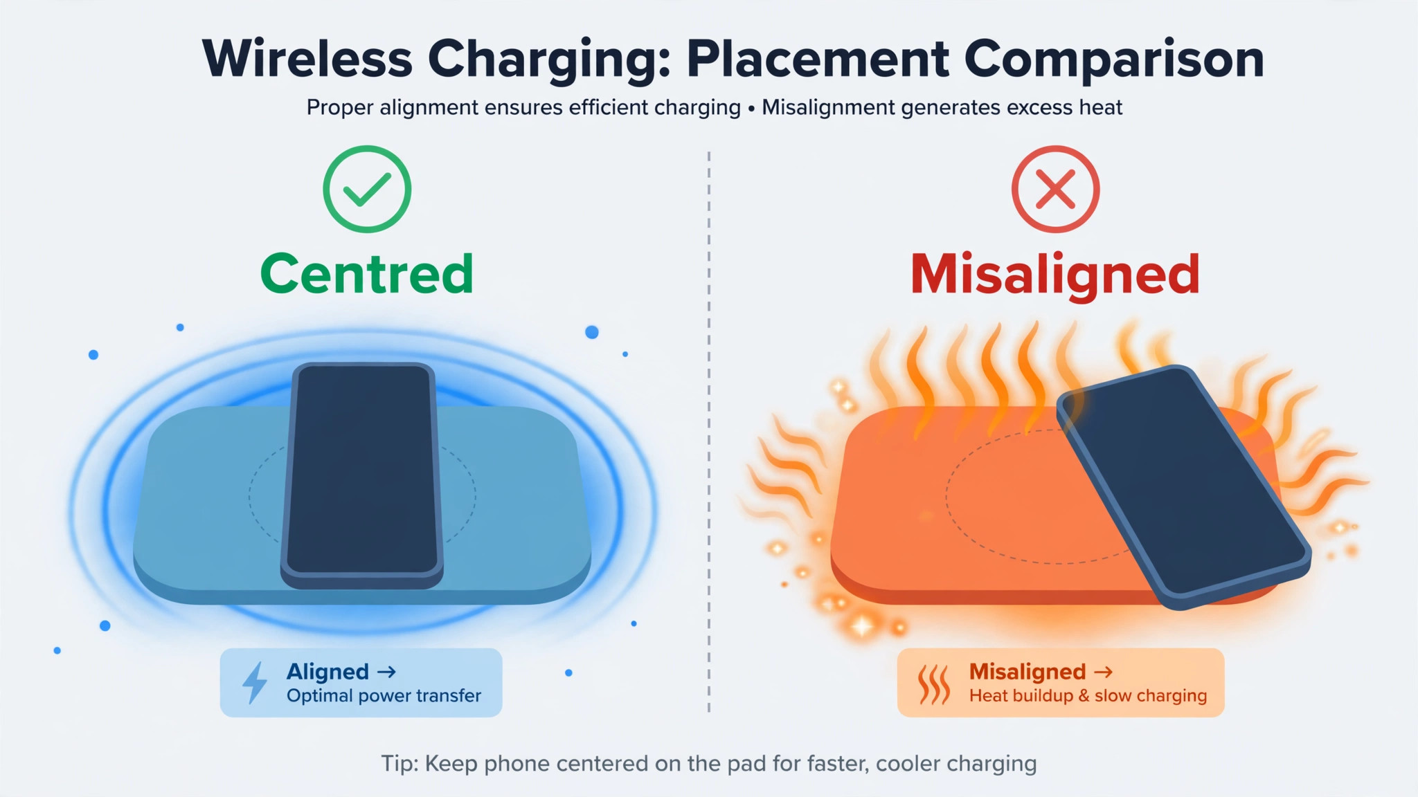 Comparison of a phone centred on a wireless pad with a cool glow versus a misaligned phone on a pad giving off heat