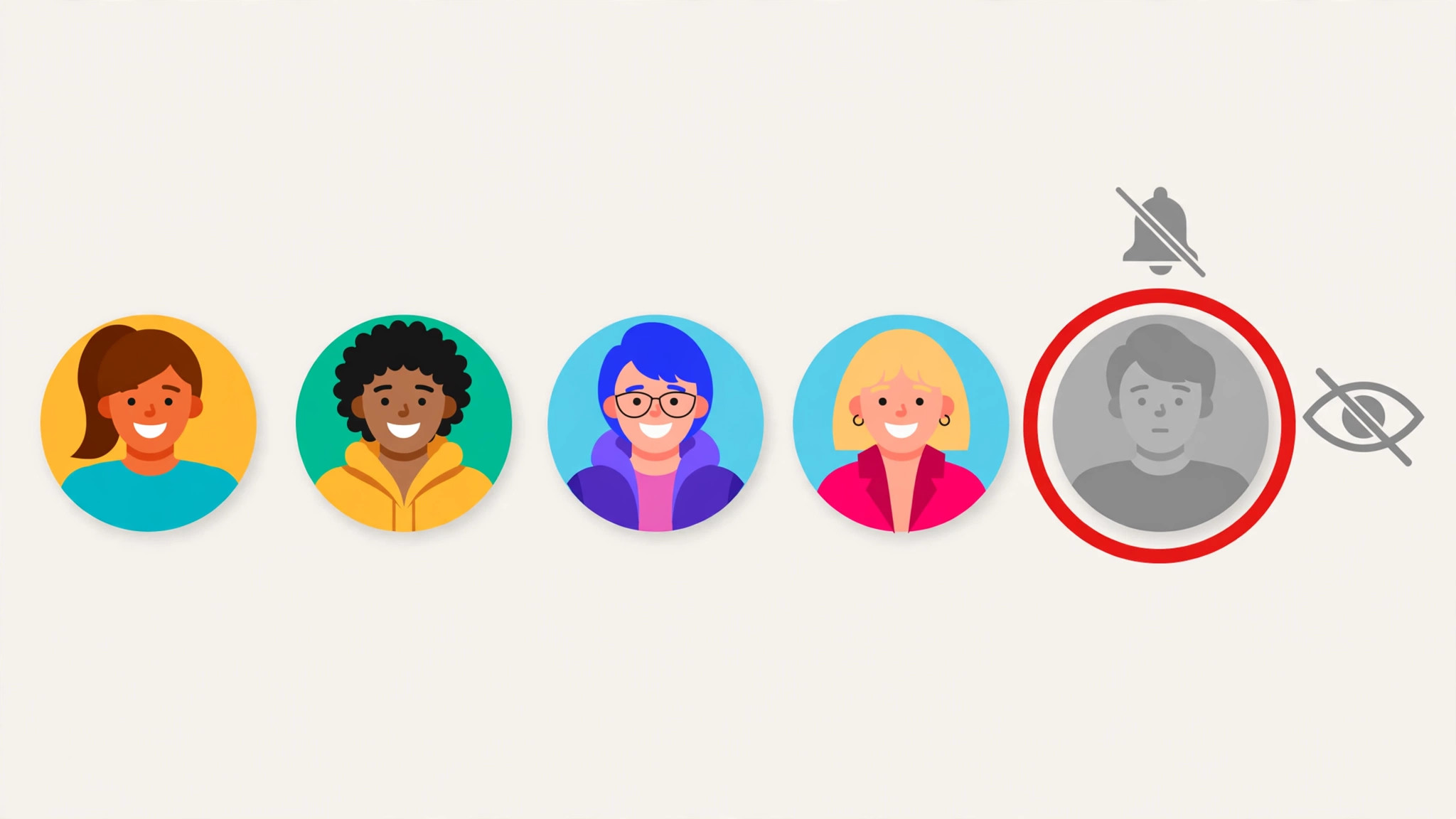 Row of five story avatars with four bright and the last greyed out and annotated, showing stories failing for one person only