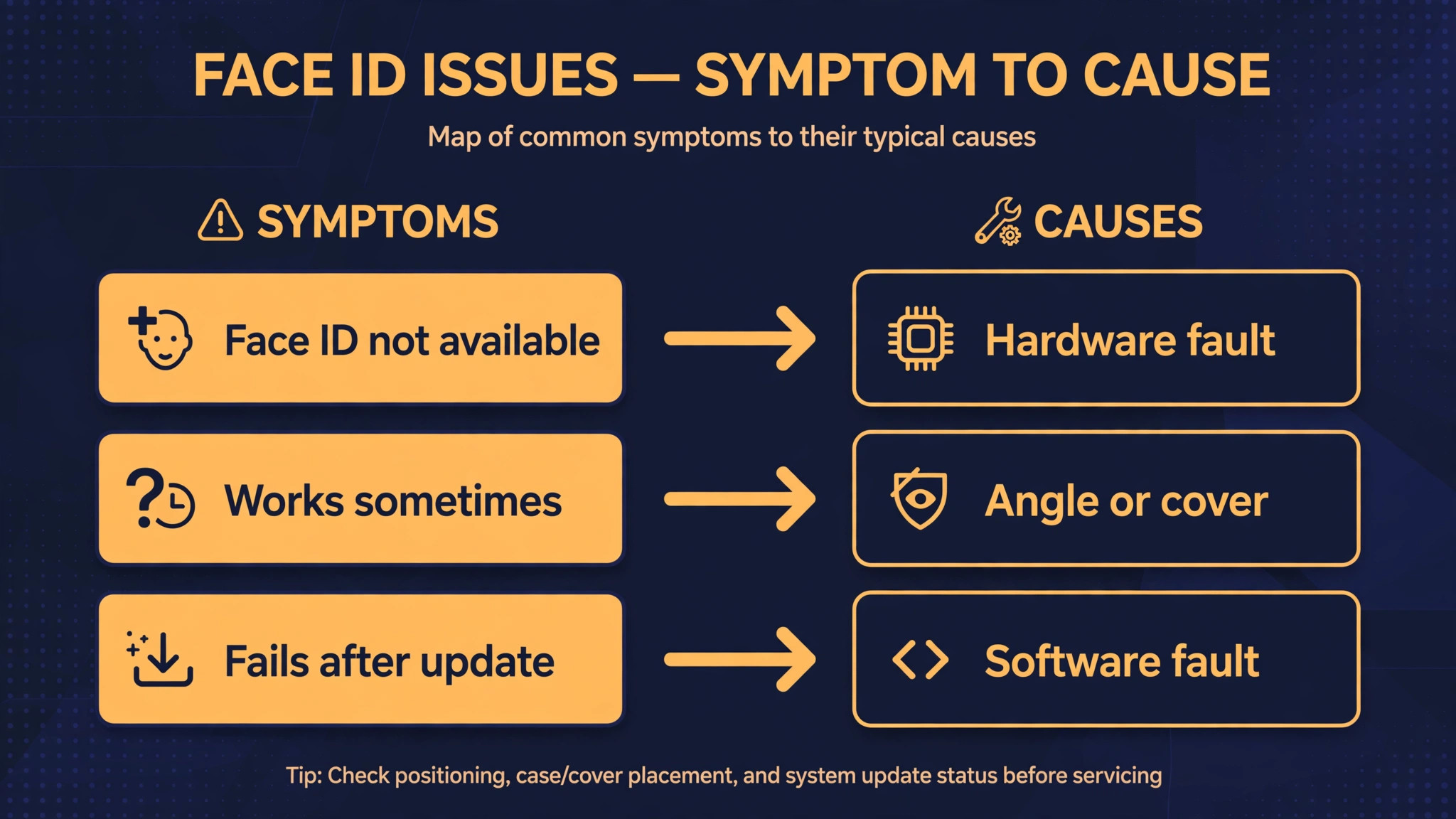 Symptom-to-cause map linking Face ID unavailable to a hardware fault, intermittent failure to angle or cover, and failure after an update to a software fault