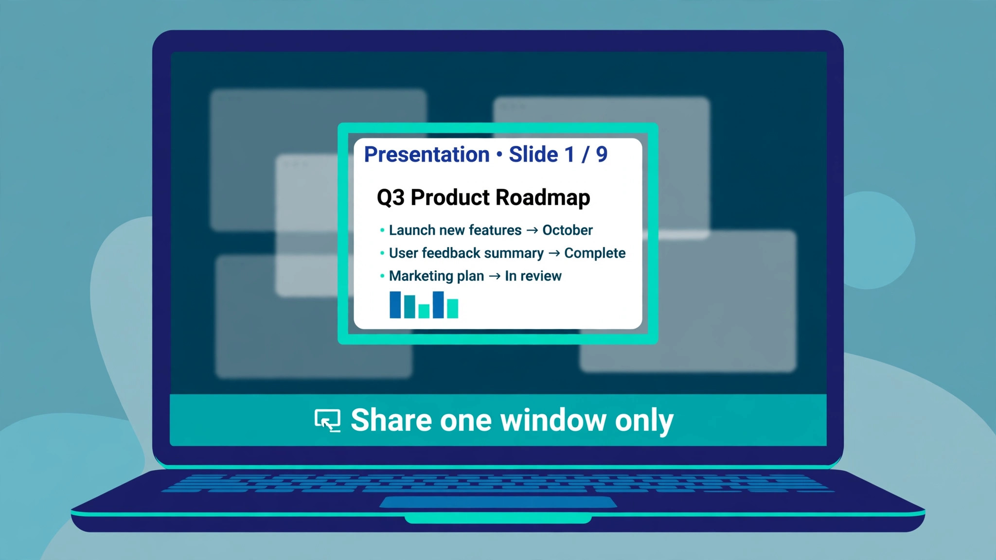 Laptop screen with a single presentation window outlined and shared while other windows stay faded