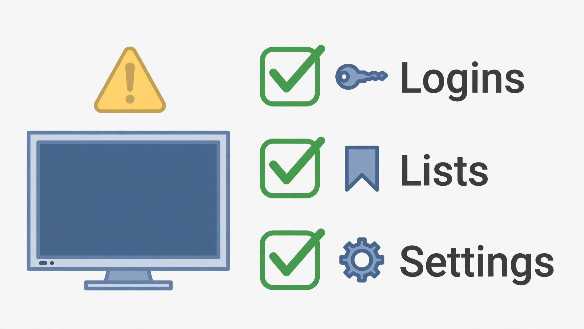 Pre-reset checklist beside a television with a warning triangle, ticking off saved logins, saved lists and noted settings