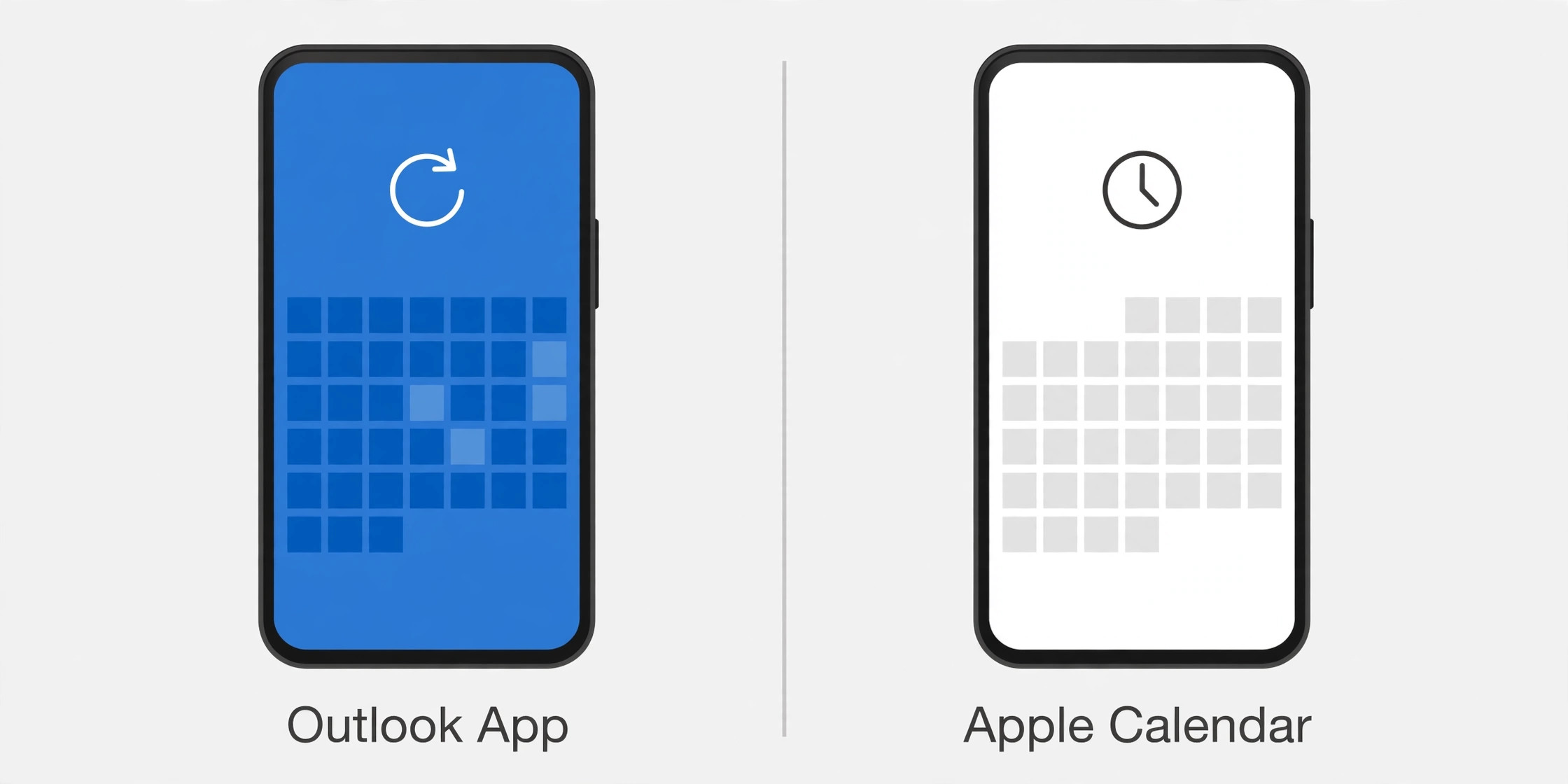 Side-by-side comparison of a phone calendar in the Outlook app against a phone calendar in Apple Calendar