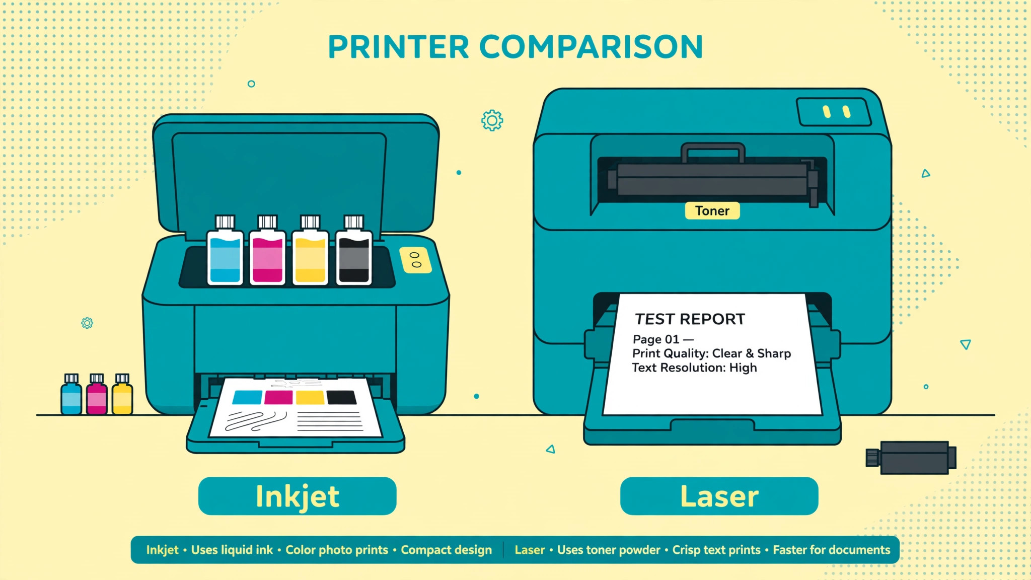 Comparison of an inkjet printer with liquid ink cartridges and a laser printer with a toner cartridge and test report