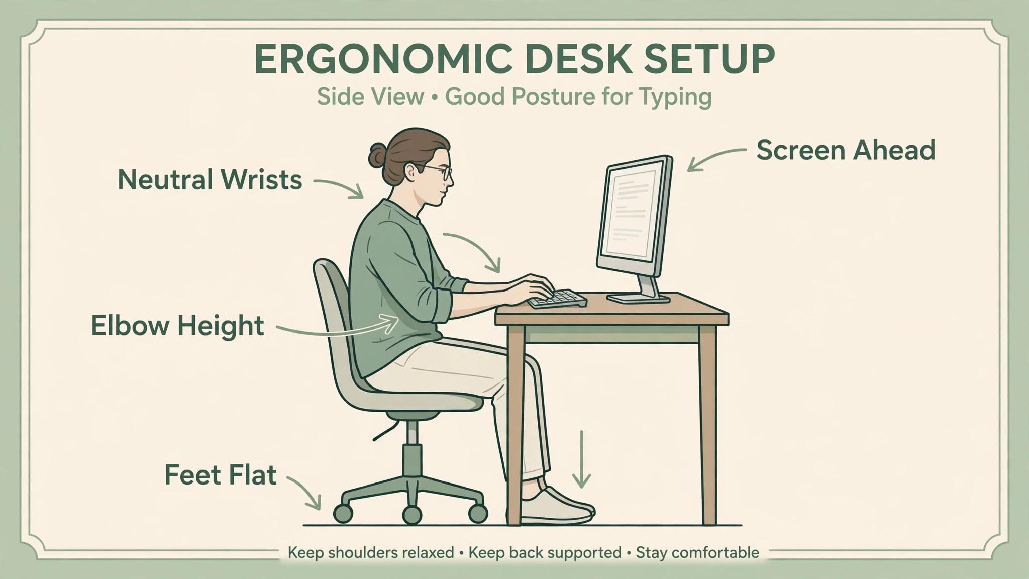 Annotated side-view desk diagram of neutral wrists, elbow height, feet flat and screen ahead
