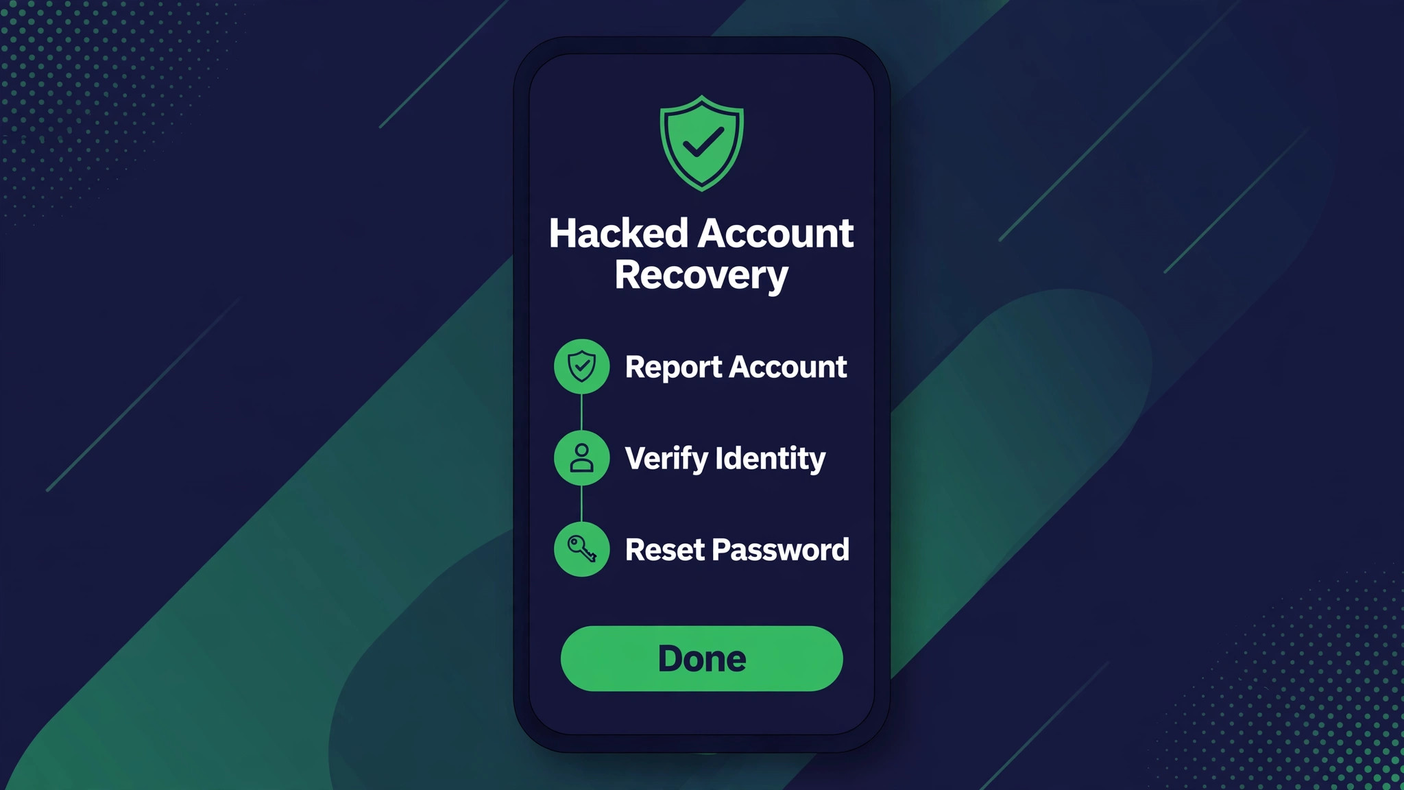 Phone mockup of the Instagram hacked account recovery flow