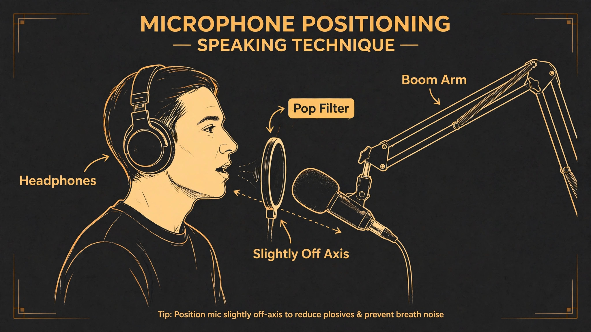 Annotated diagram of pop filter, slightly off axis position, headphones and boom arm