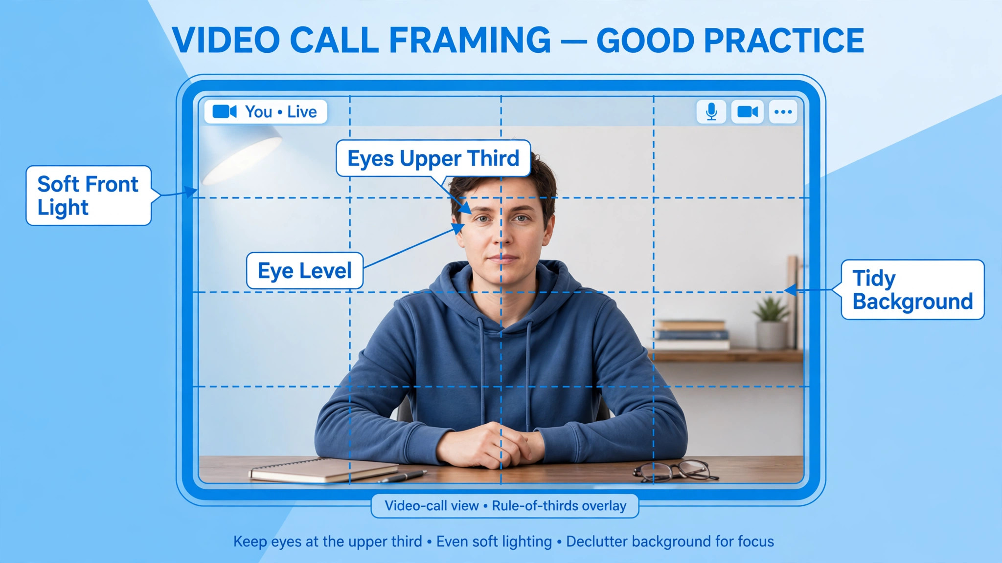 Annotated call view with thirds grid, eyes in upper third, eye level, soft front light and tidy background