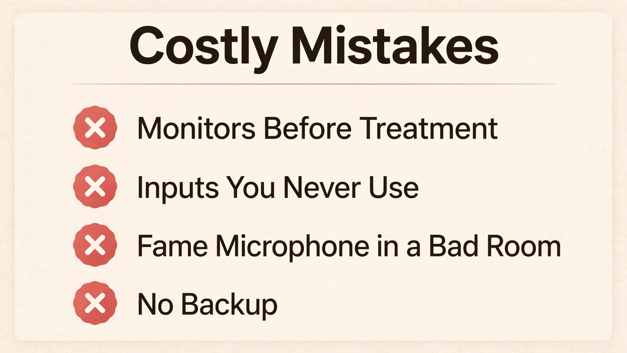 Red-cross checklist of monitors before treatment, inputs never used, a fame microphone in a bad room, and no backup