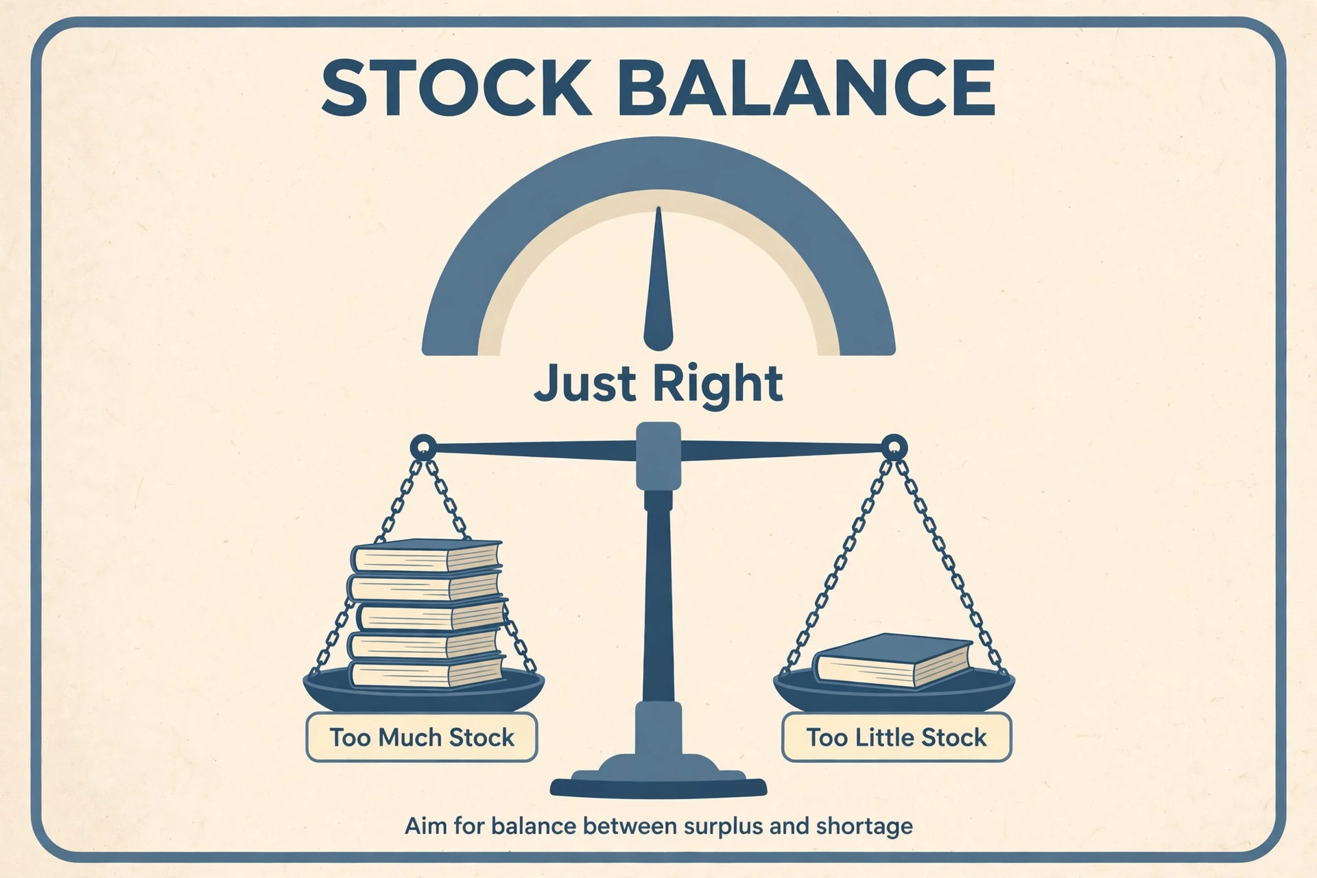 Balance scale with a stack of books labelled Too Much Stock and one book labelled Too Little Stock, gauge above reading Just Right