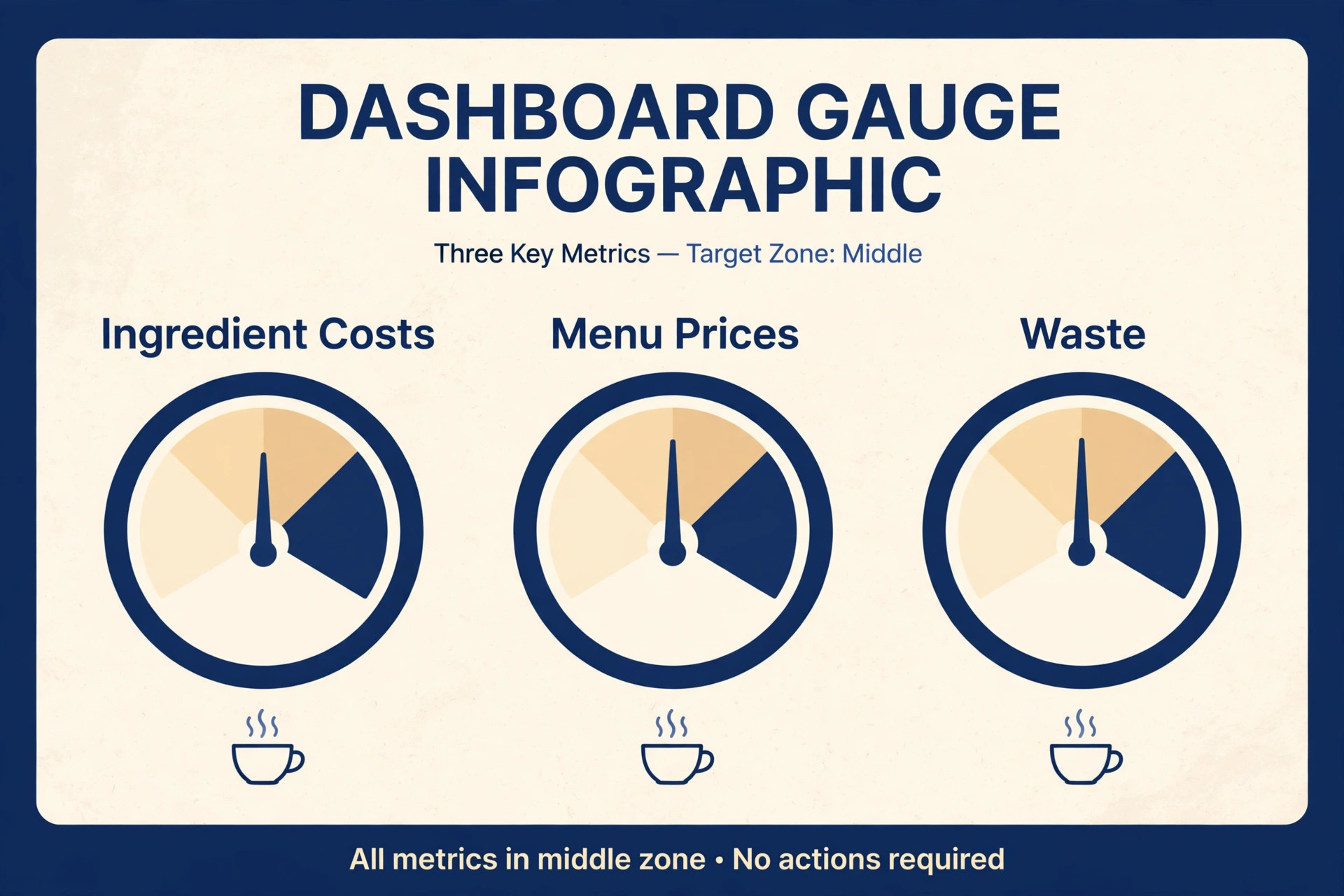 Three gauges labelled Ingredient Costs, Menu Prices and Waste, all pointing to the middle zone