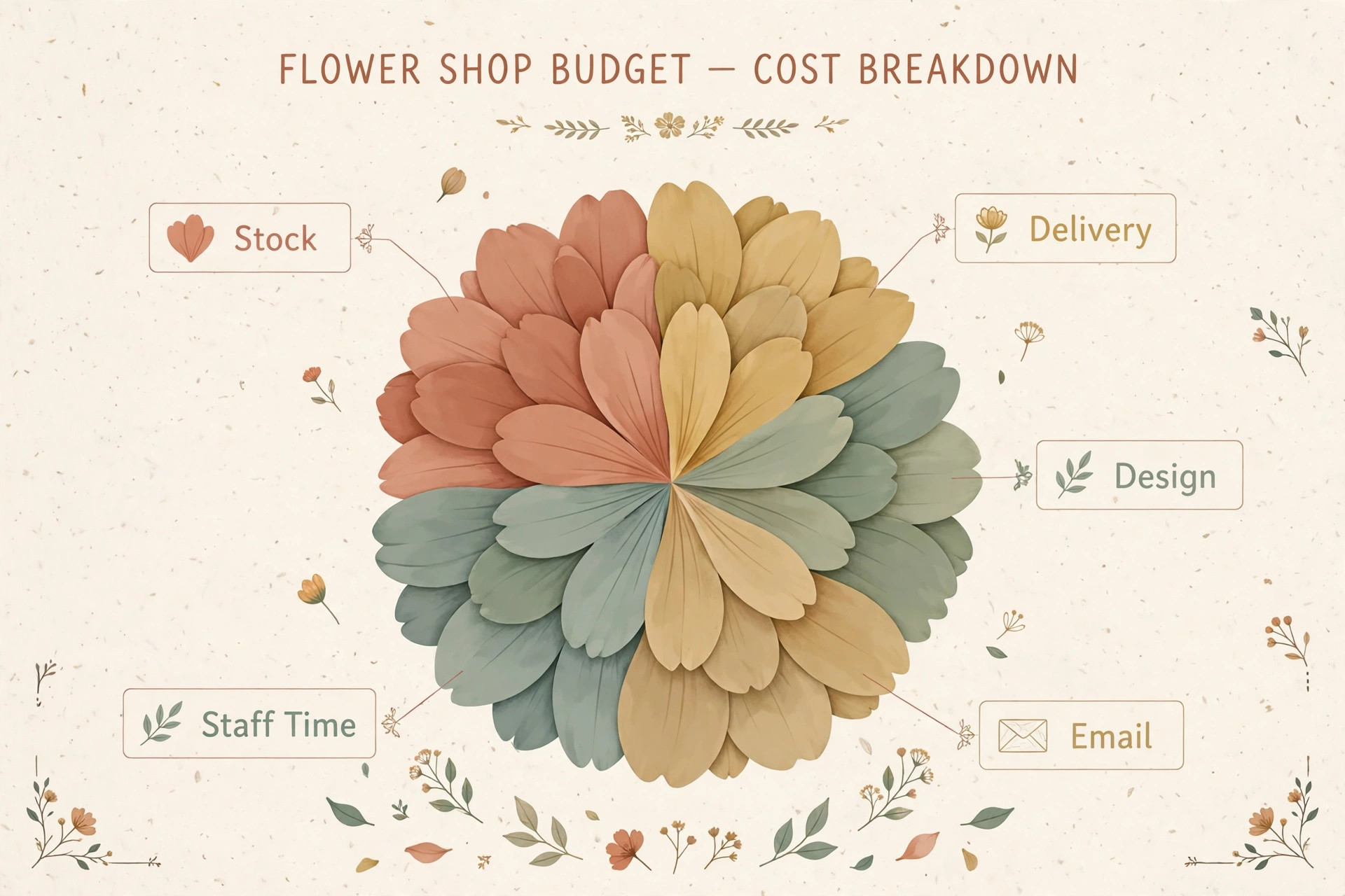 Flower-petal budget visual with word-only categories for stock, delivery, design, email and staff time