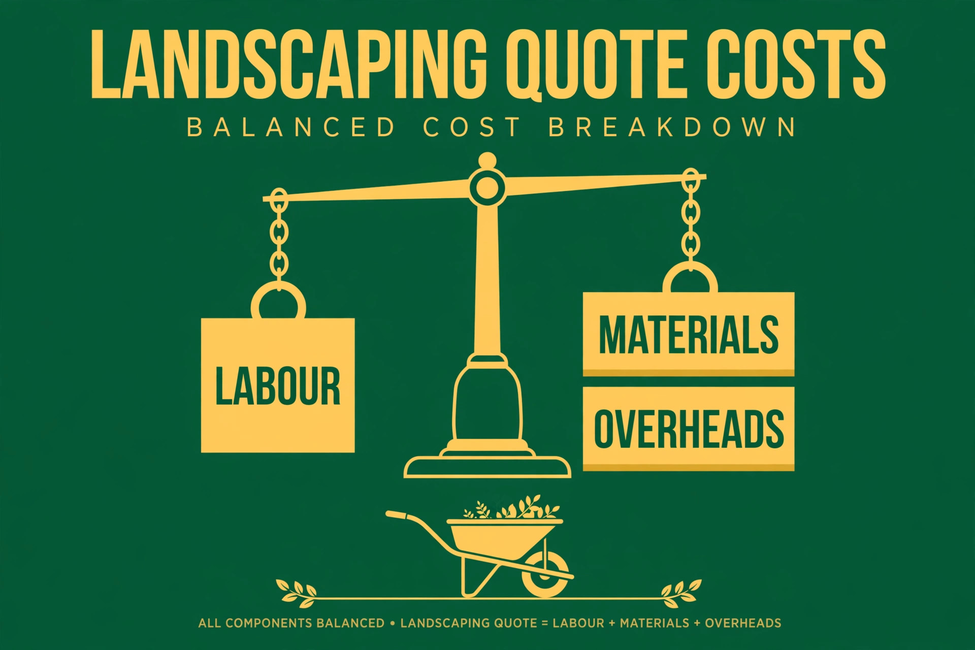 Balance scale weighing labour against materials and overheads in a landscaping quote