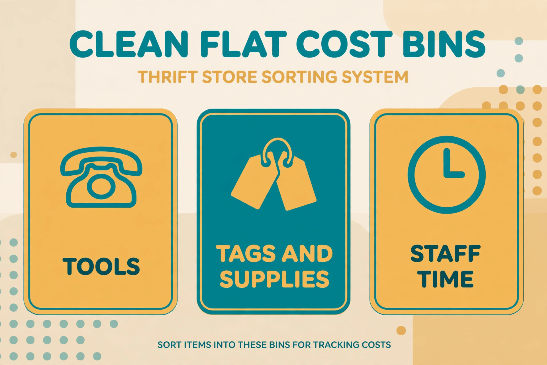 Cost bins for a thrift sorting system covering tools, tags and supplies, and staff time