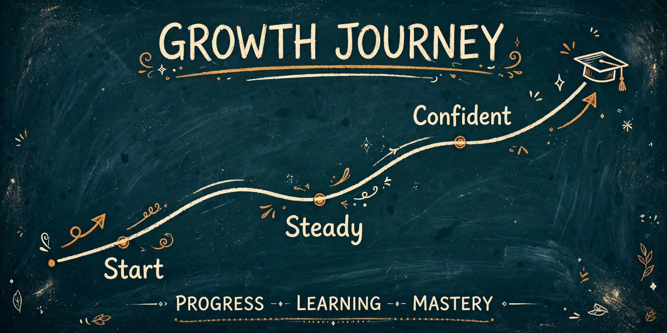 Chalkboard rising line chart from start through steady to confident, ending at a graduation cap