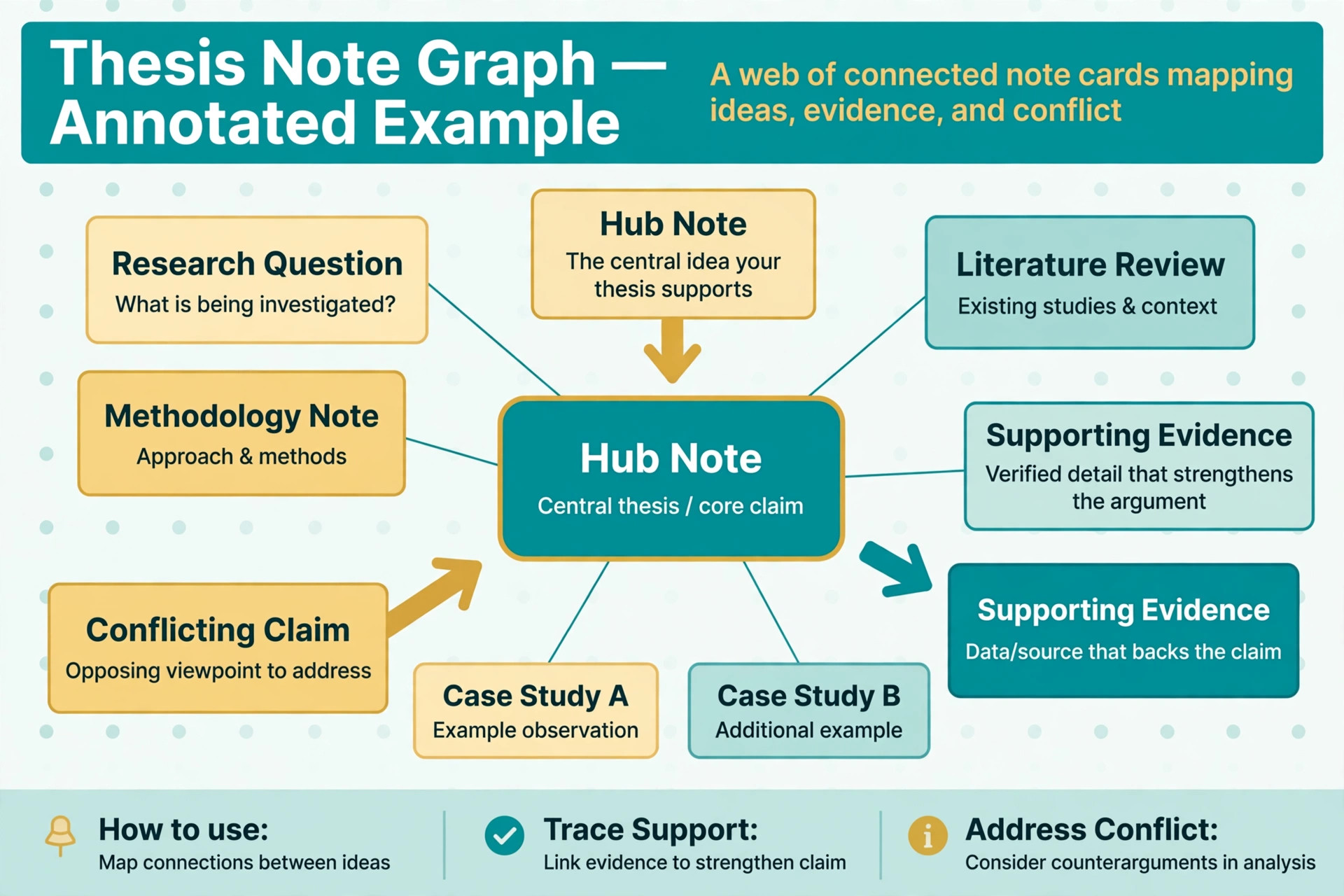 Thesis note graph annotated with hub note supporting evidence and conflicting claim